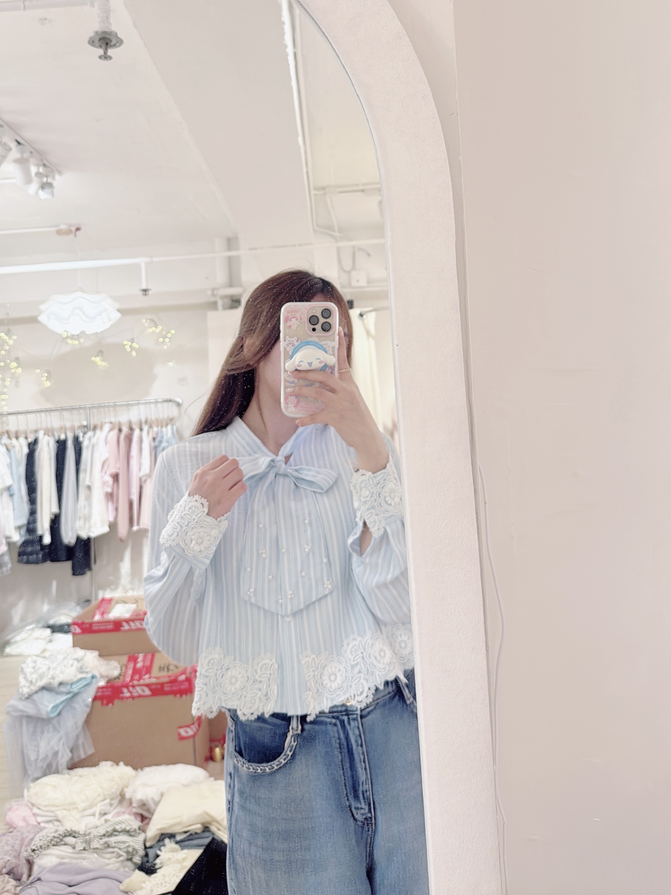 Striped Lace Blouse with Pearl Bow