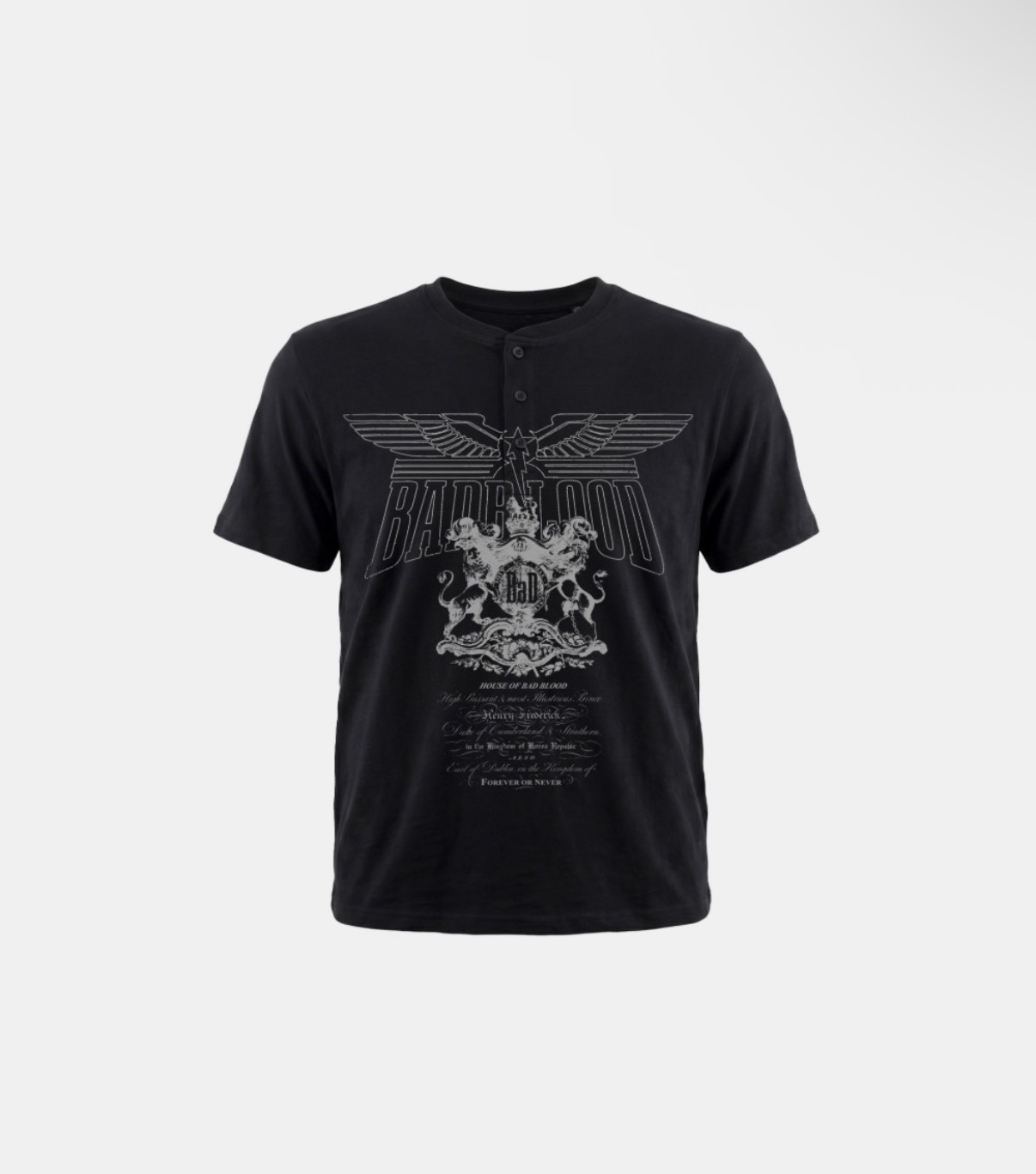 BADBLOOD新款[w-tee26-170] Lion Crest Print 1/2 Henley T-Shirt - Black