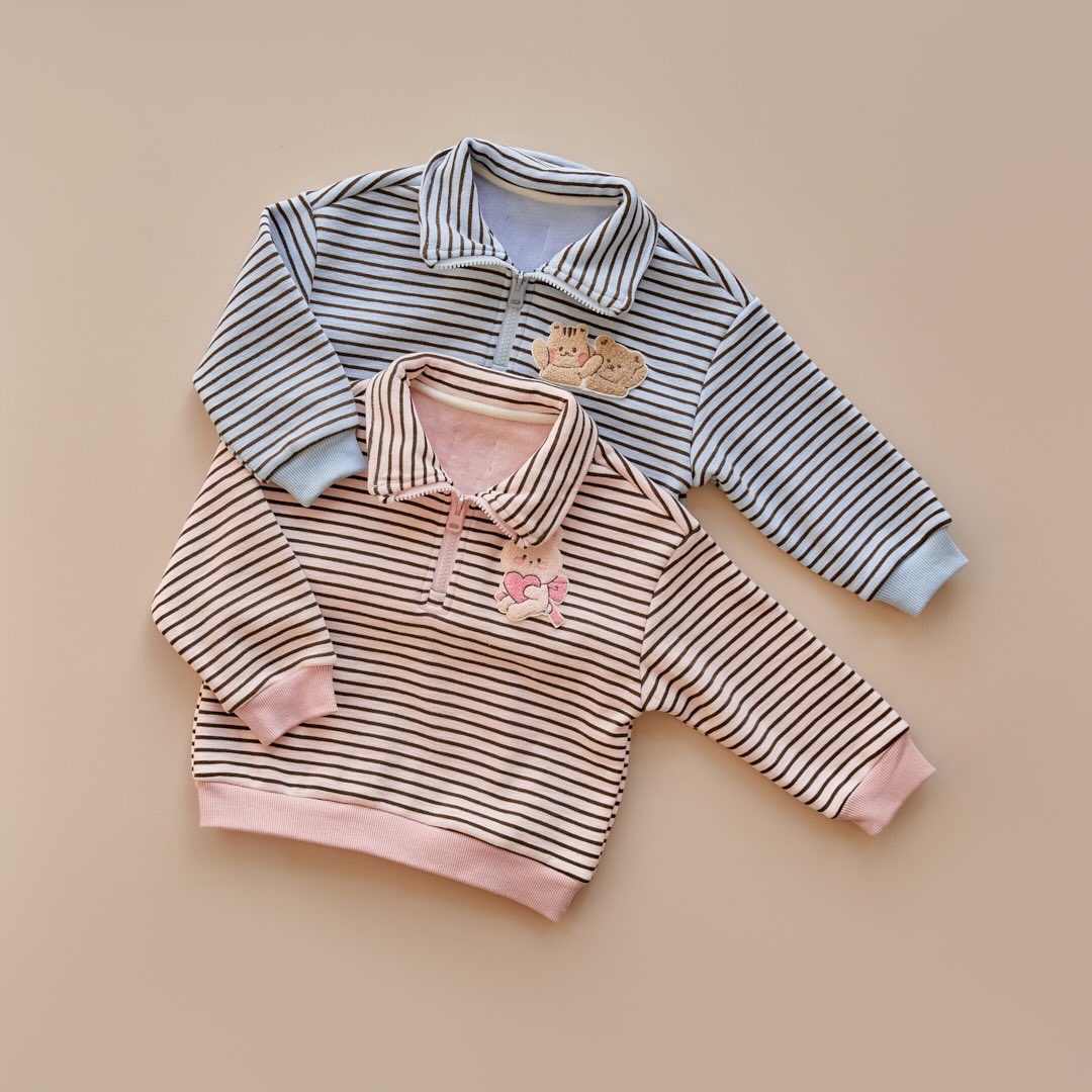 25F/W DTD萌趣條紋學院風系列-半開襟加絨上下套裝 120