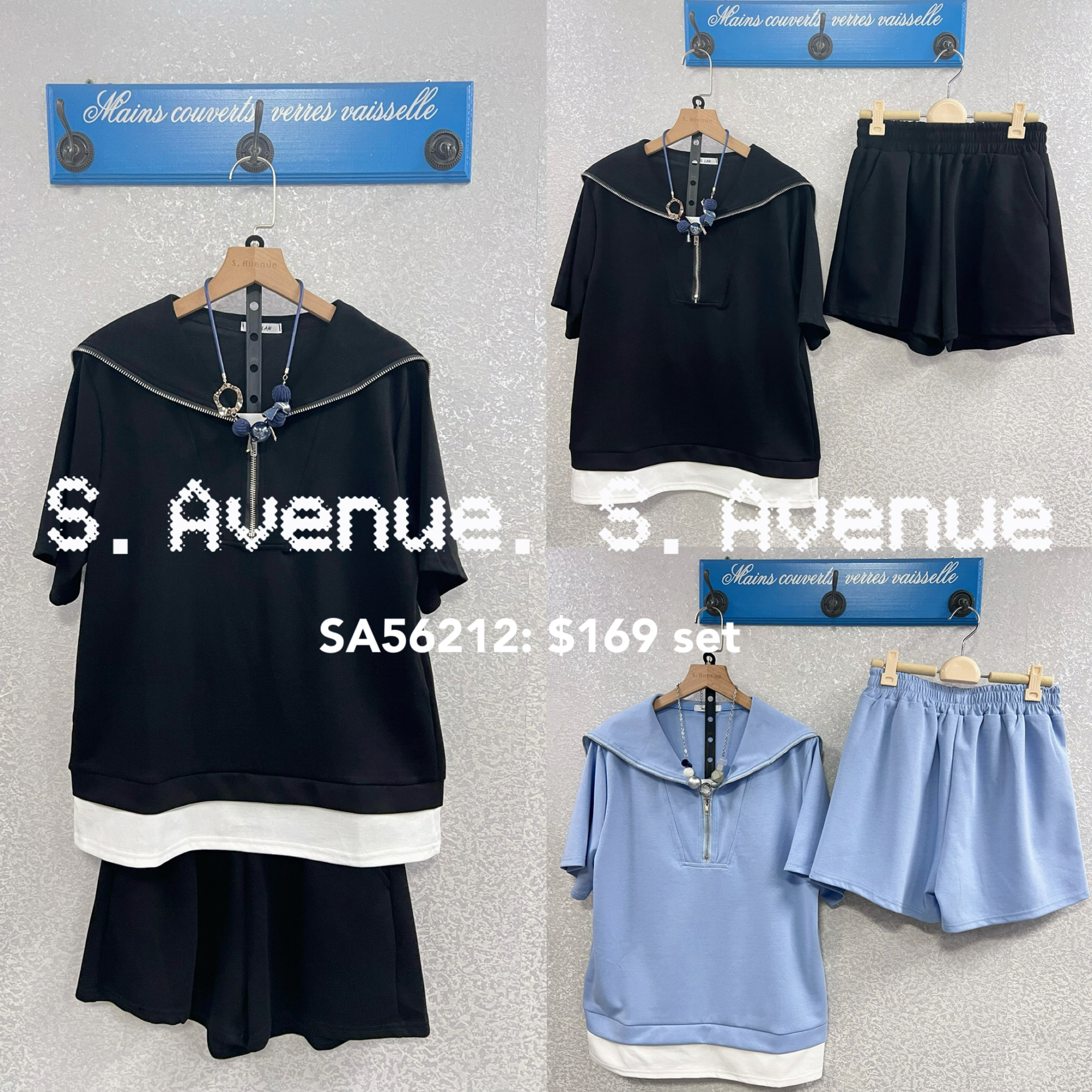 SA56212: 短袖拉錬假兩件上衣配橡根腰短褲套裝