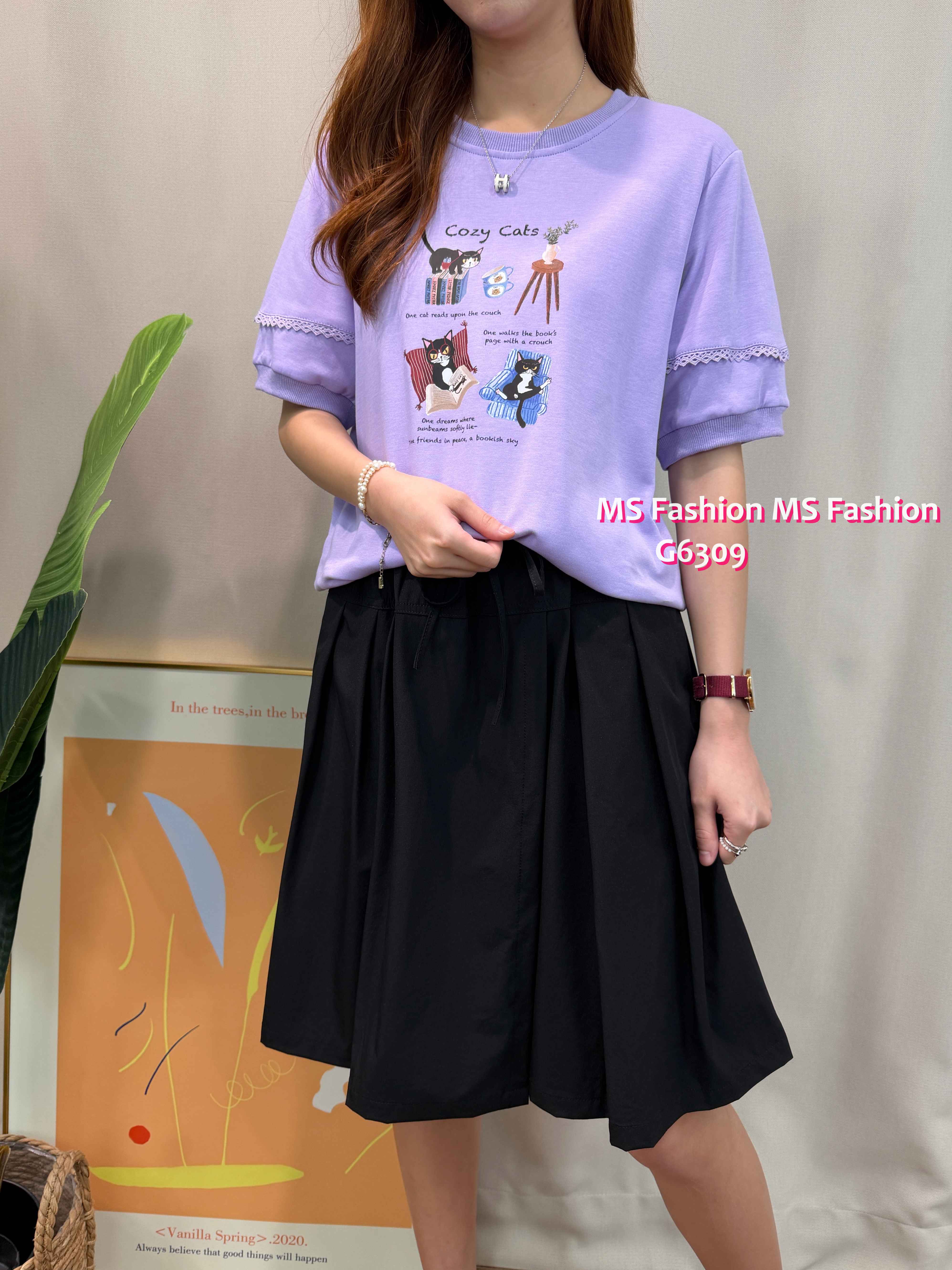 G6309 可愛黑貓花邊袖top