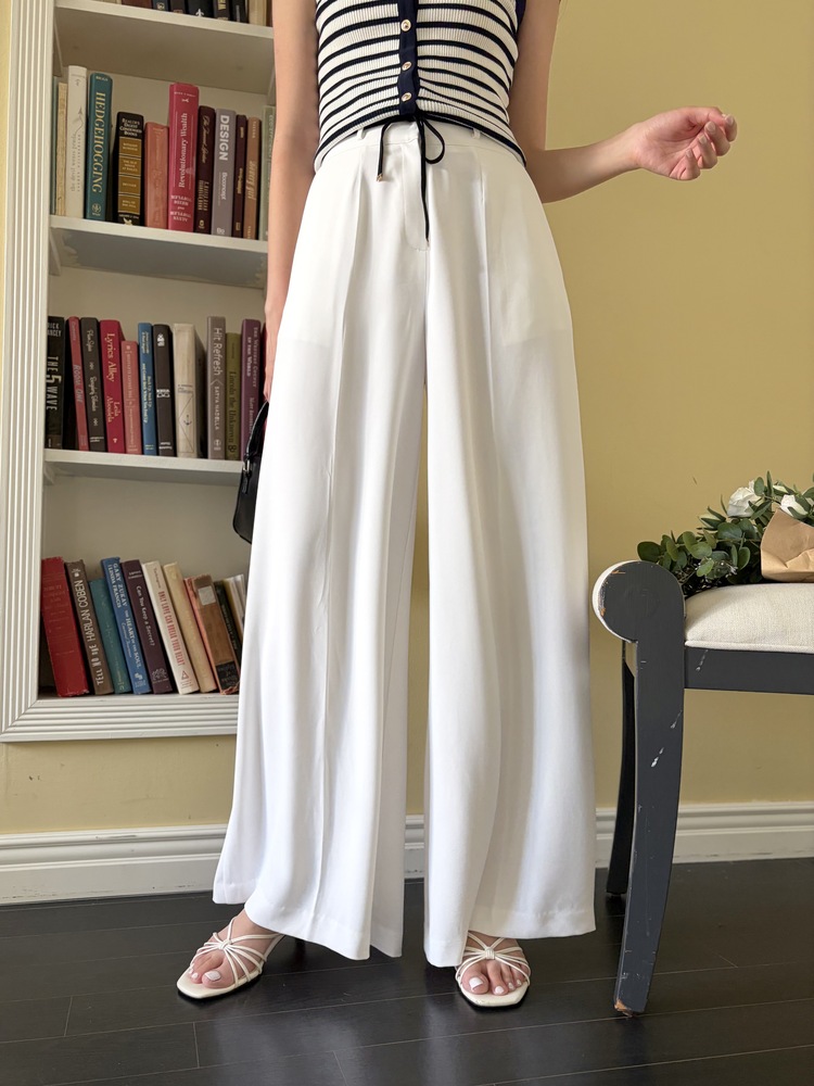 [超涼!!] Contrast Belt Wide Leg Slacks (White)