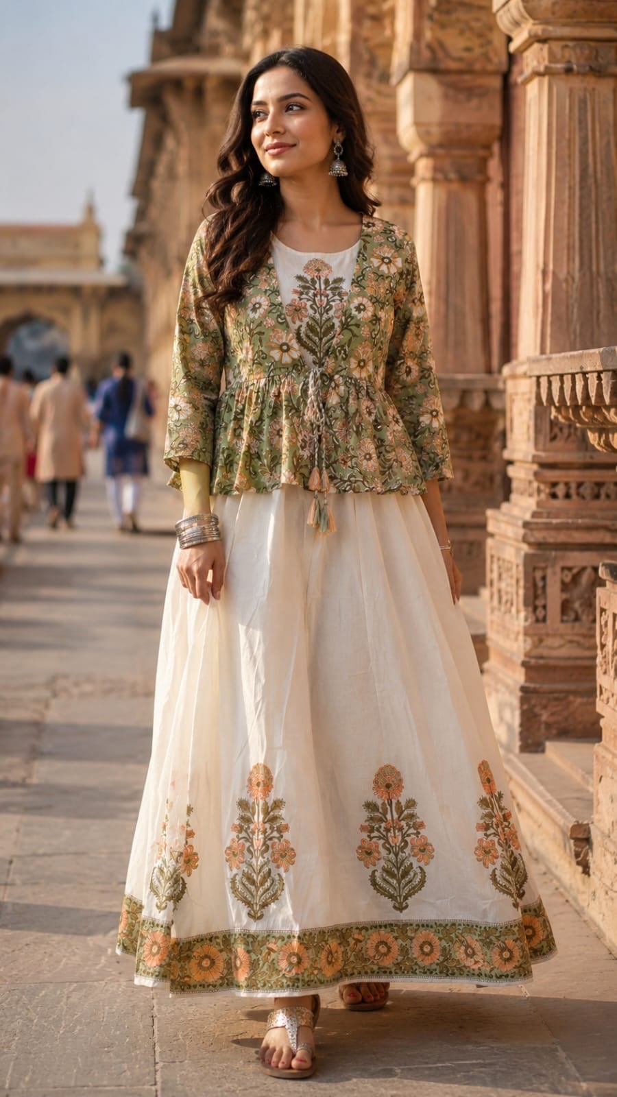 Light green floral Anarkali dress with Block print Jacket