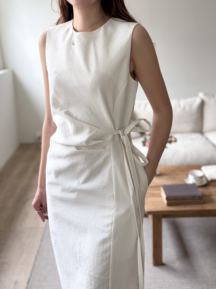 Gathered Waist Tie Dress (Ivory)