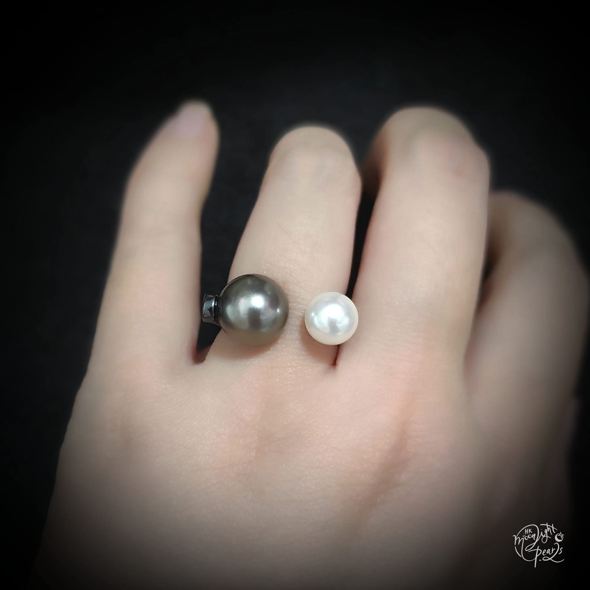 特價品‼️正圓極強光大溪地海水珍珠+日本akoya櫻花粉海水珠精工s925銀暗黑元素雙珠戒指