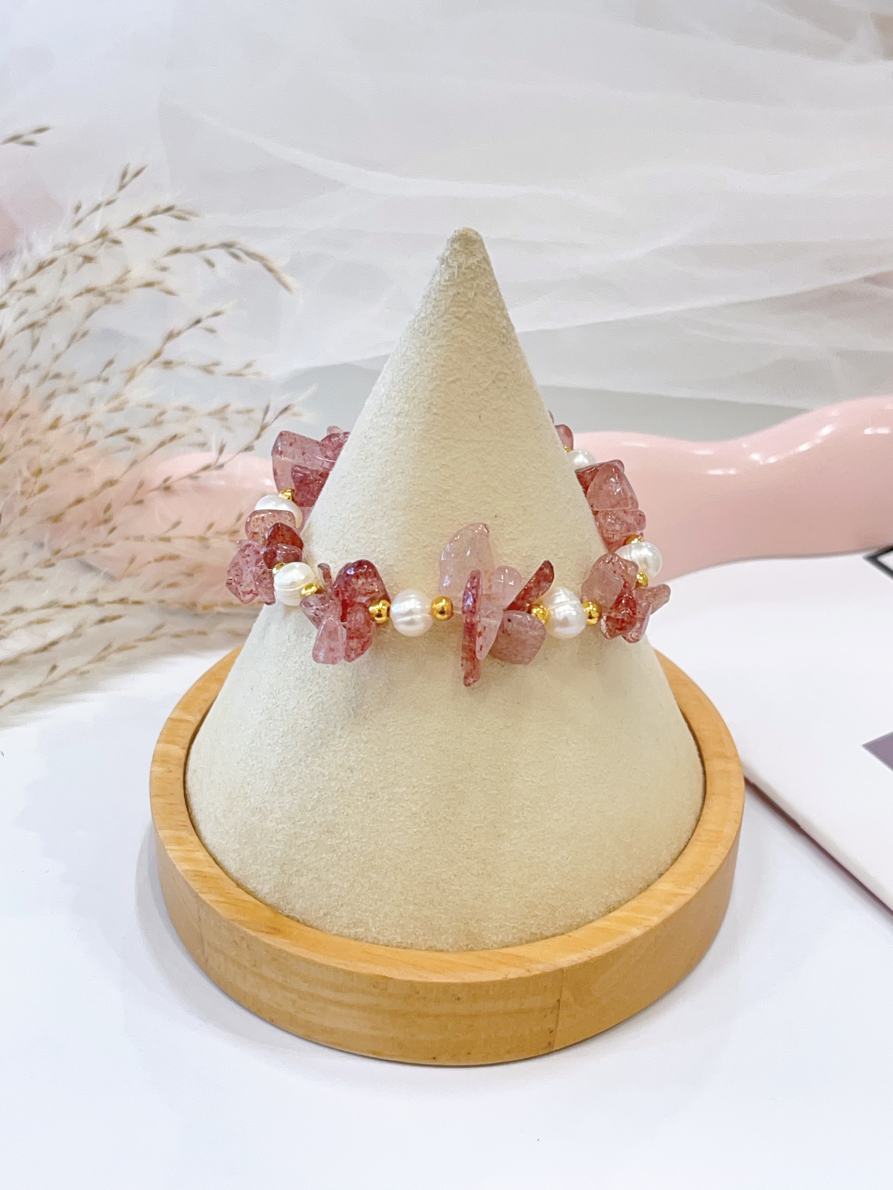 🌈 彩发晶多宝碎石 × 粉水晶碎石 × 草莓晶碎石 × 珍珠手串 Multicolor Rutilated Quartz Chips, Rose Quartz Chips, Strawberry Quartz Chips & Pearl