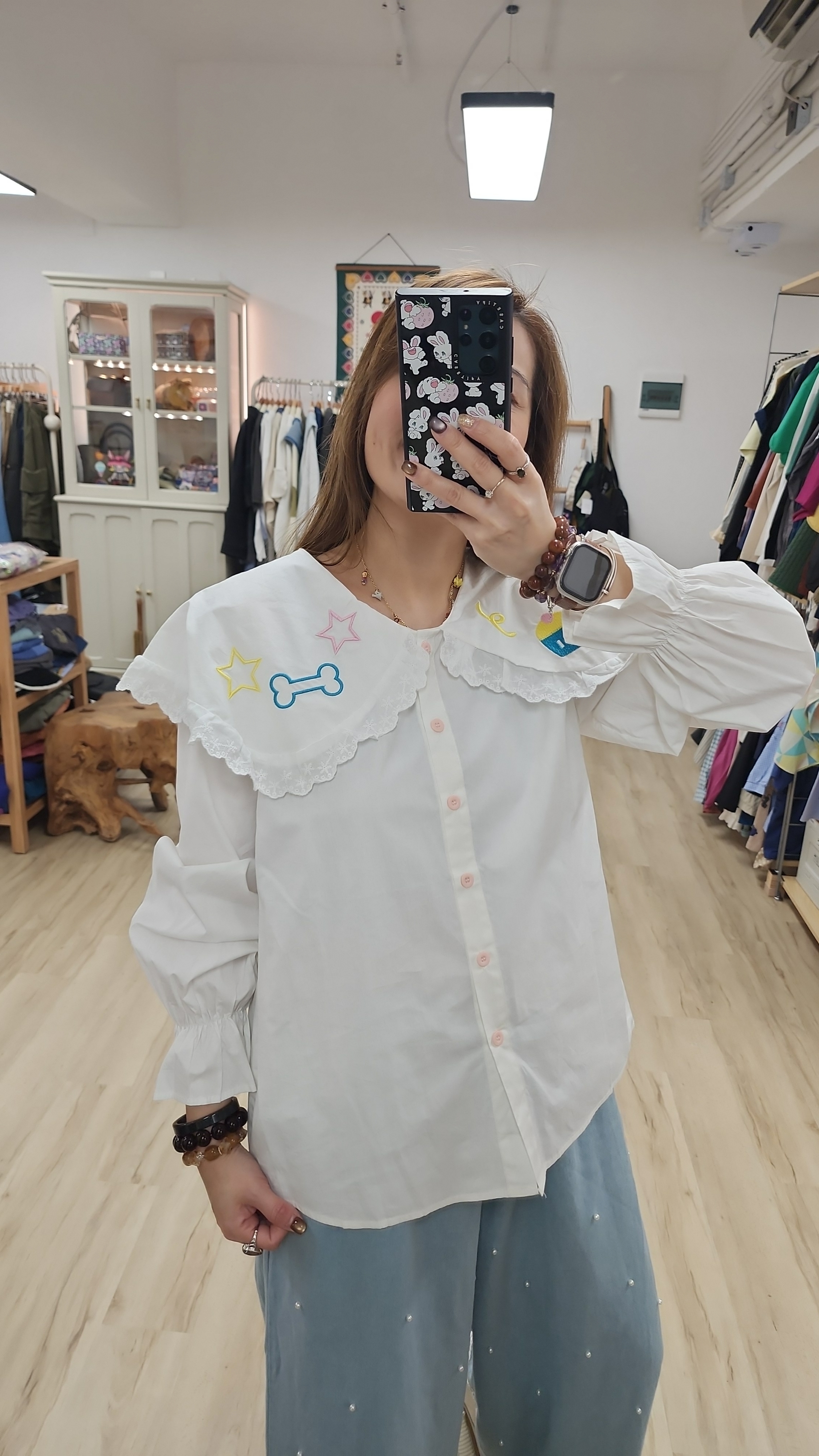 韓國白拼刺繡圖案娃娃領開胸裇