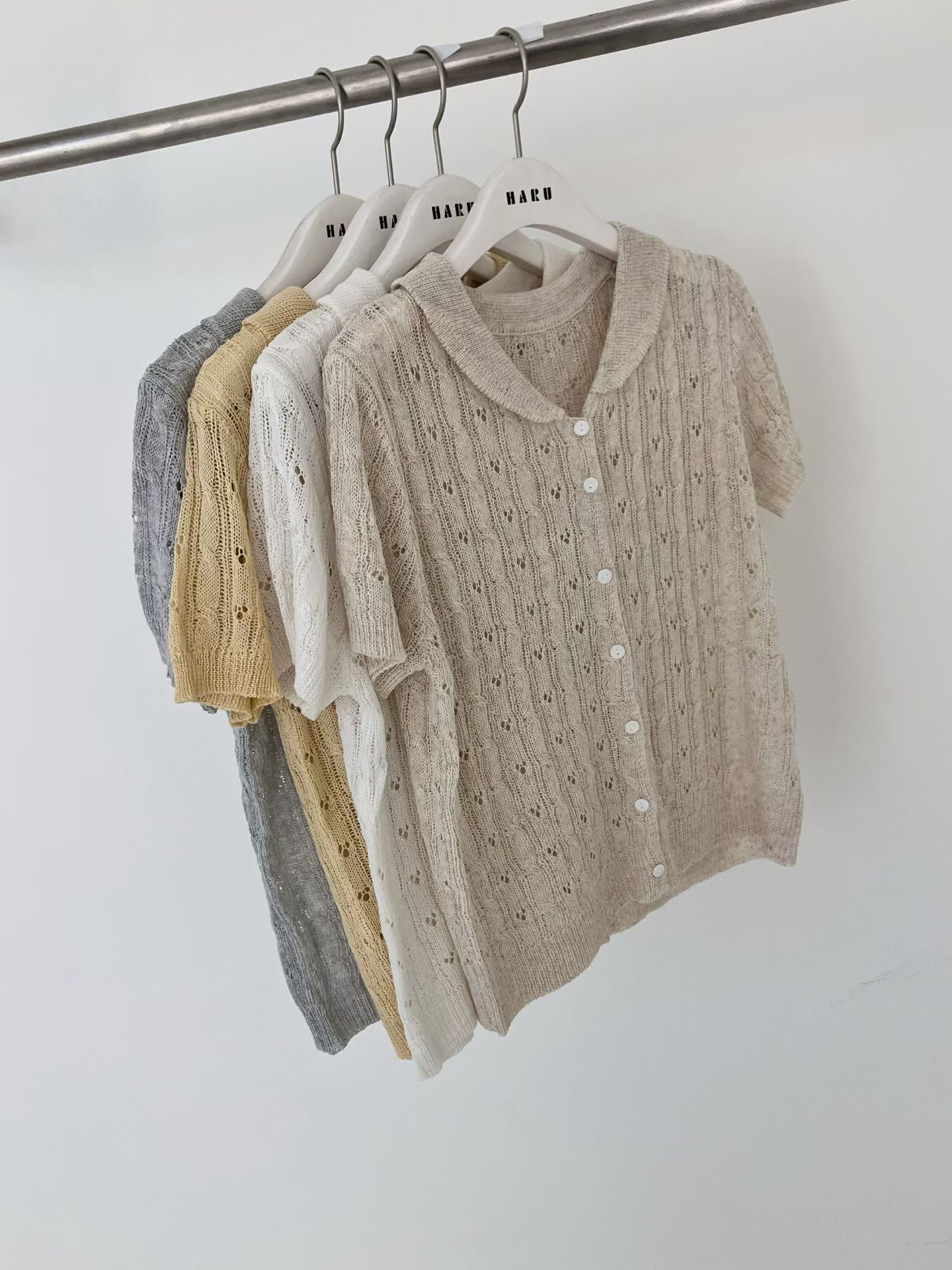 HA13 鏤空勾花小翻領短袖針織上衣