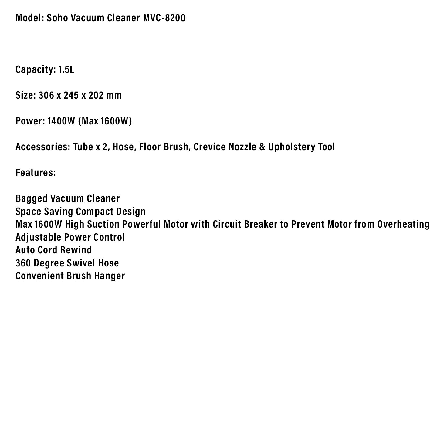 Milux 1.5L 1400W Soho Series Vacuum Cleaner (MVC-8200)