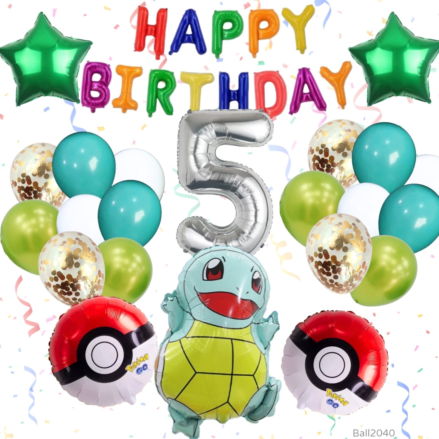 Pokémon 車厘龜主題生日派對氣球套裝｜32吋數字0–9任選｜Squirtle Birthday Balloon Set｜BALL2040
