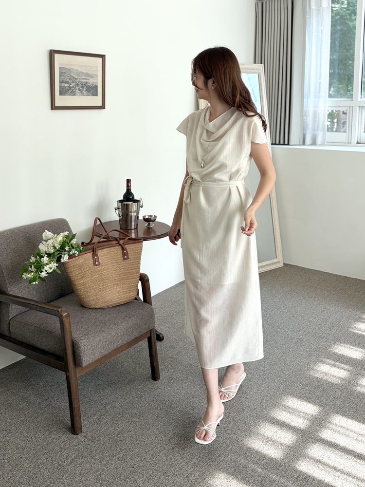 Draped Neck Dress with Inner Slip (Cream)