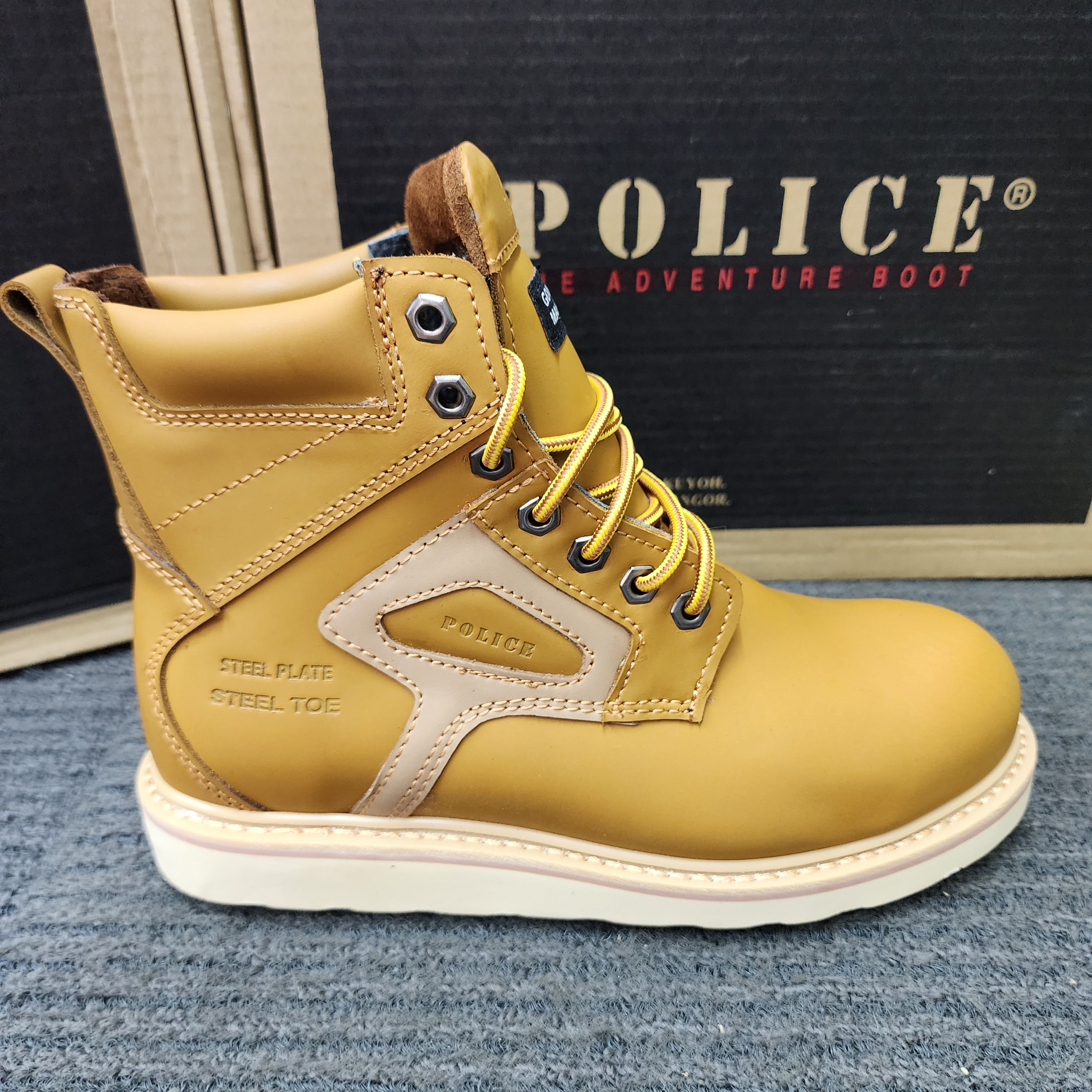 POLICE SAFETY 93672 Camel Brown Mid cut Lace Goodyear Welt Safety Shoes leather Kasut Keselamatan