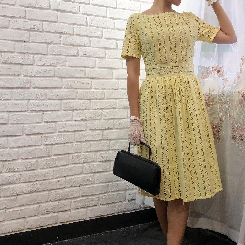 SOLD OUT 1950s Bateau Garden Afternoon Party Dress- Yellow Floral(FM102)