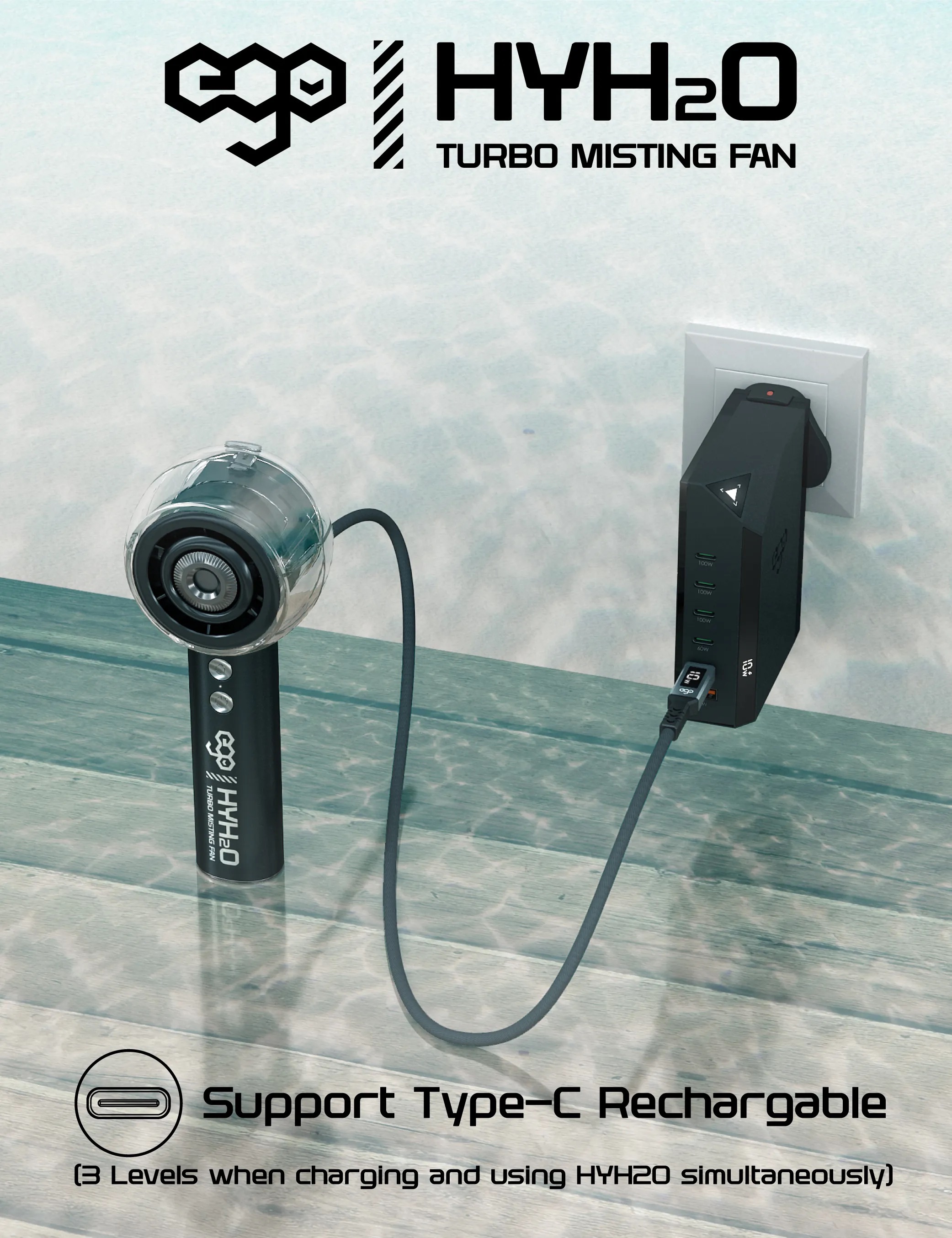 ego - HyH2O 噴霧水冷風扇 手提風扇 噴霧水冷 | 補濕美容 | 強勁風速 | 18小時長氣