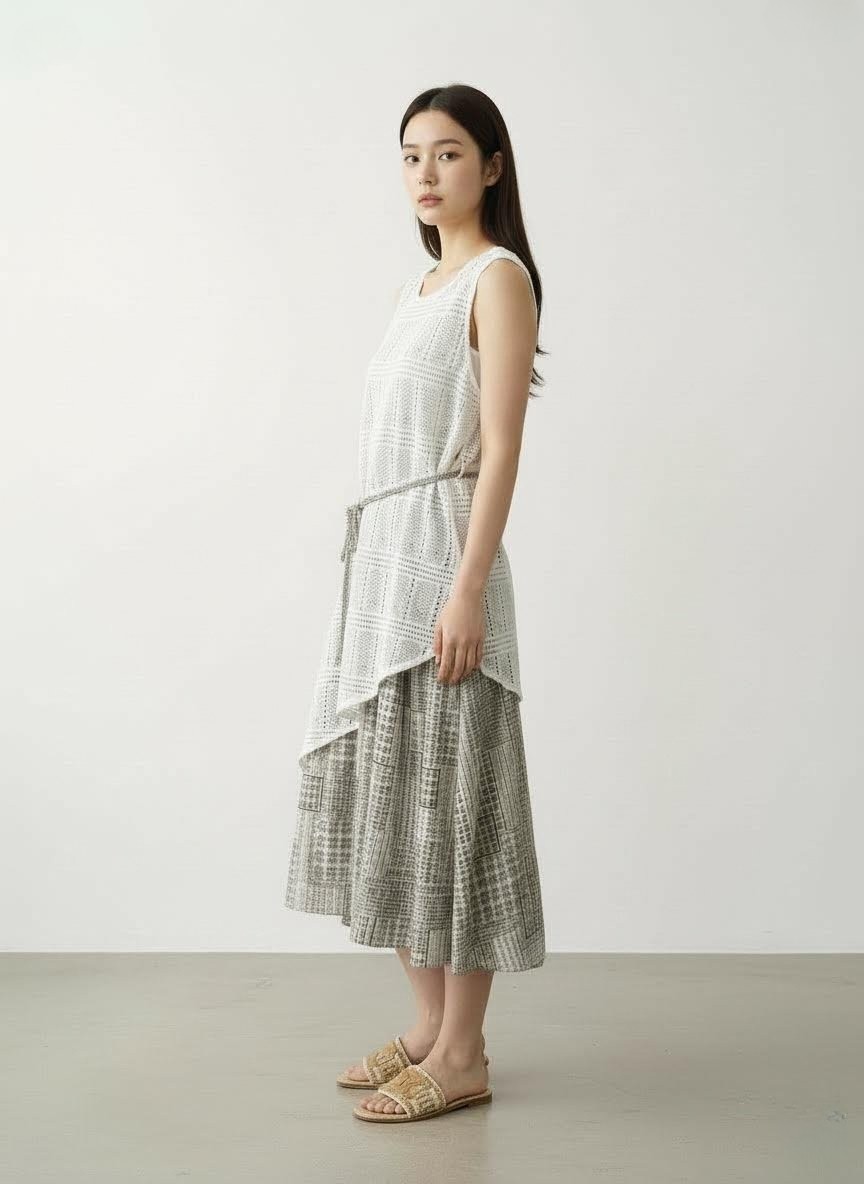 米白色蕾絲鏤空荷葉邊不對稱連衣裙