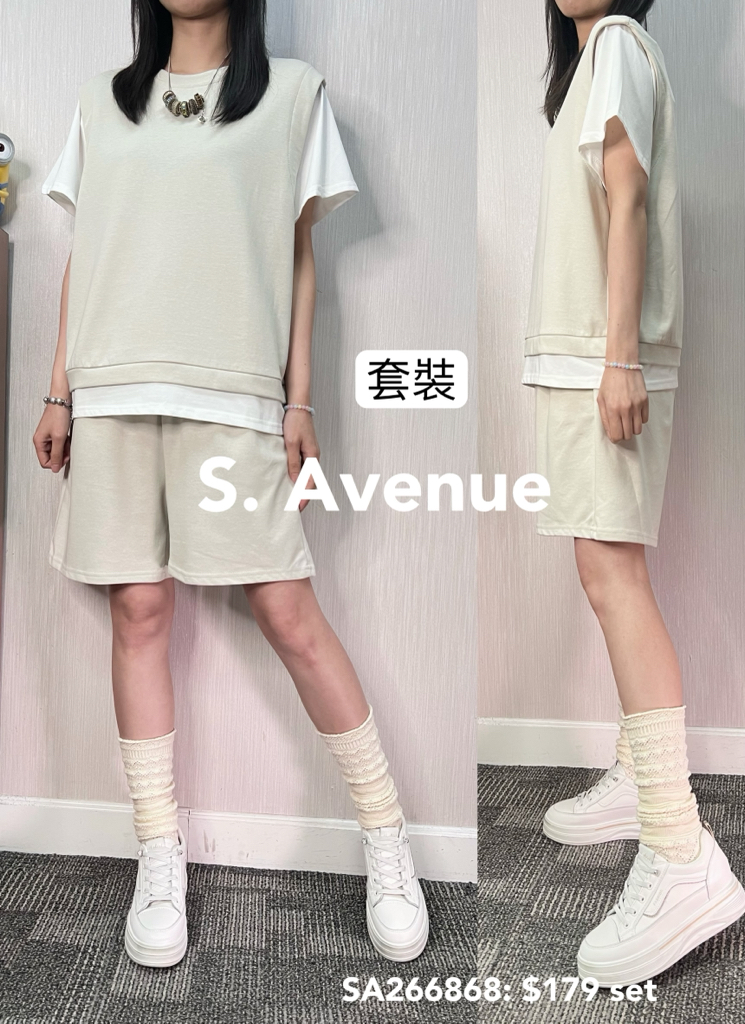 SA266868: 短袖假兩件tee配短褲套裝