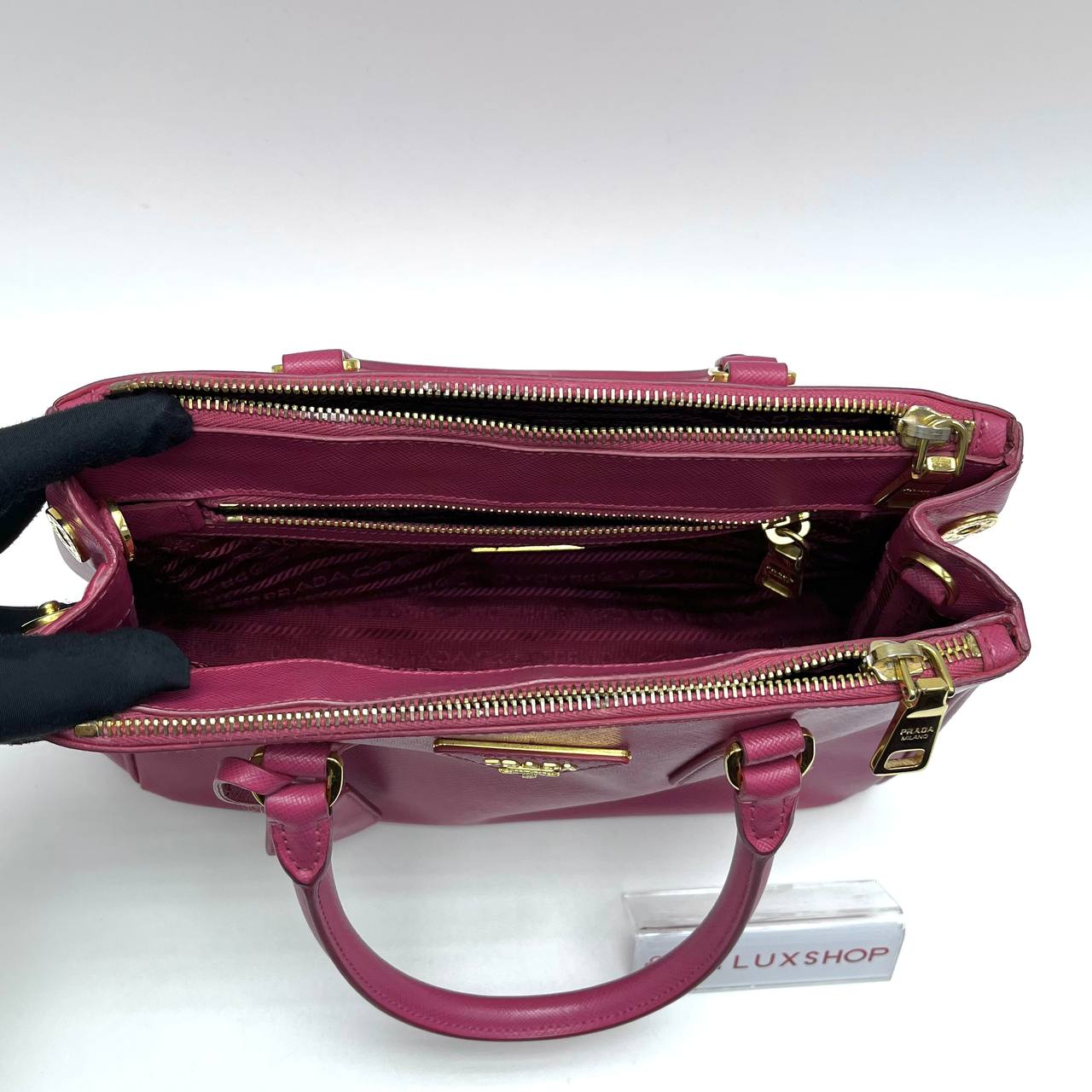 Prada Saffiano Magenta Pink Small Double Zip Galleria Lux Tote GHW