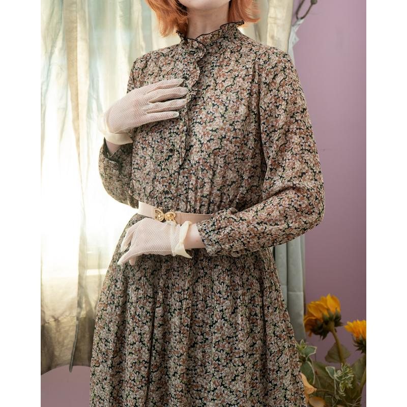 Vintage Japanese Joynana Autumn Floral Ruffle Trimmed Chiffon Dress / Long Sleeve Dress (MT1840-2)