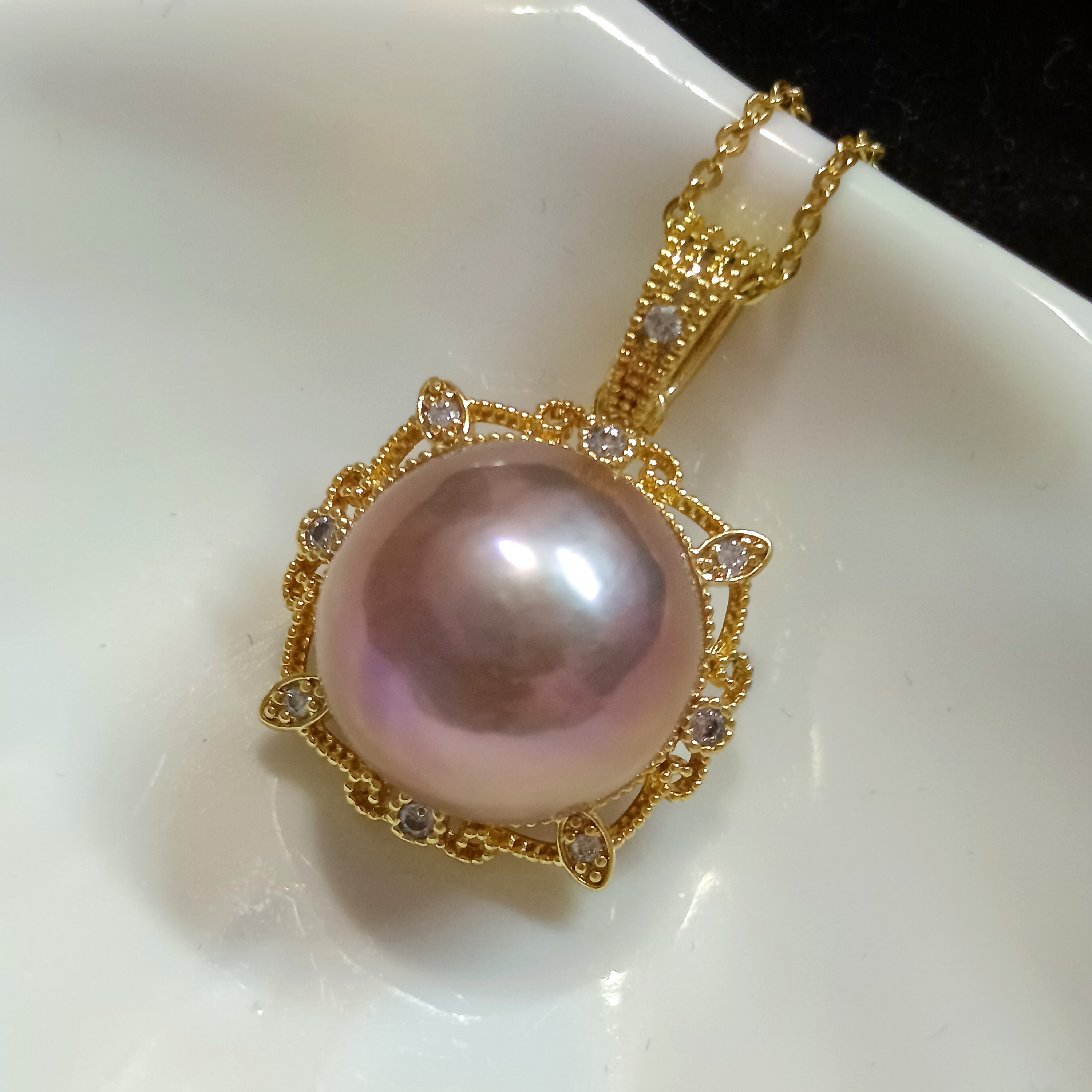 🎉特惠孤品‼️近正圓極光淡水愛迪生金屬古銅紫炫彩珍珠注金吊墜含鍊