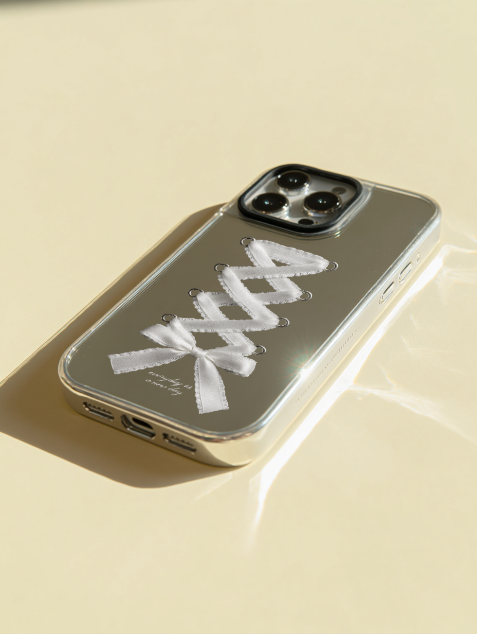 【Corset Milky Ribbon Bow】銀框鏡面MagSafe iPhone Case