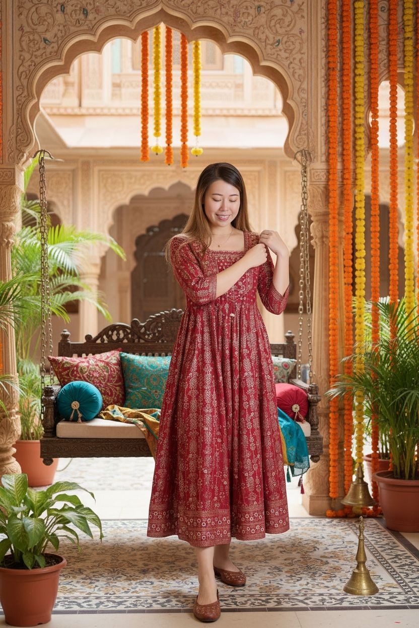 Ruby Red Square Neck Gold Print OP #1002