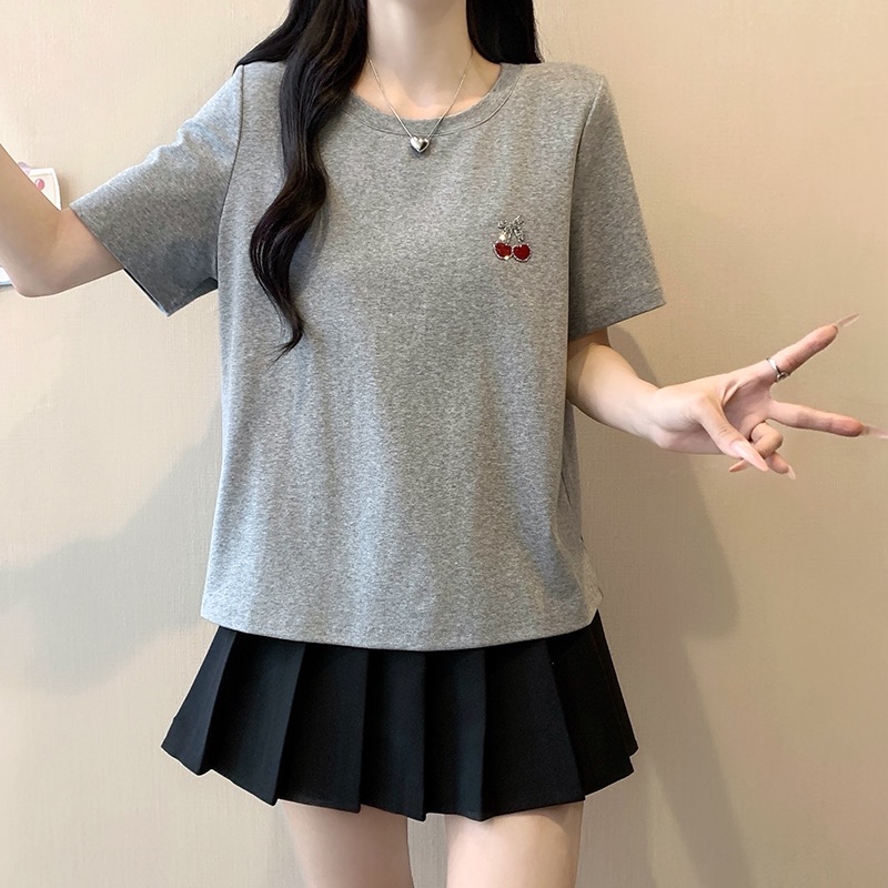 B123(3985) 韩系圆领短袖小烫钻樱桃3色上衣