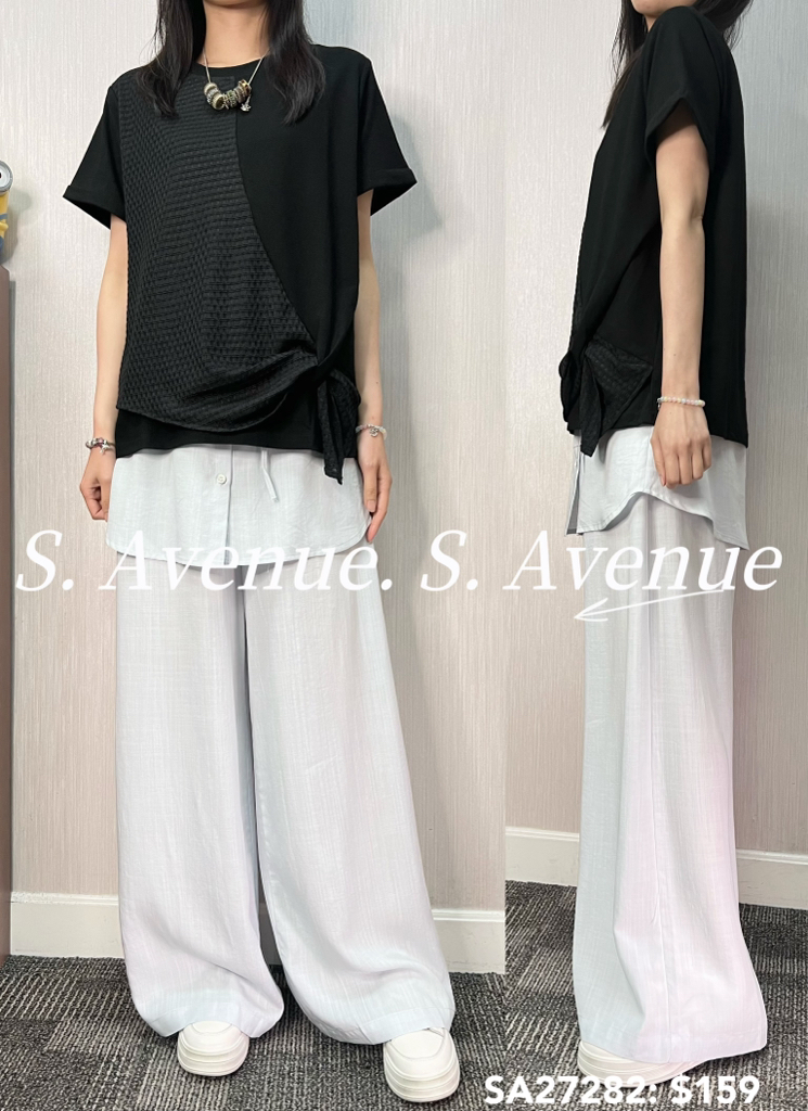 SA27282: 短袖拼網紗打結top