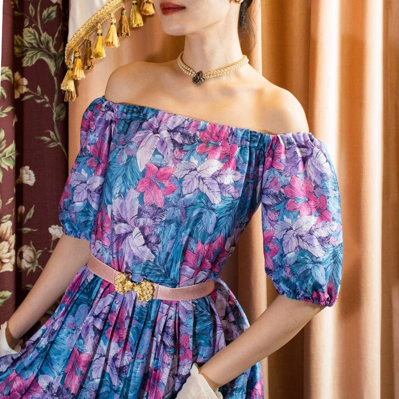 Remade - Made in USA Tropical Violet and Blue Floral Off-shoulder Day Dress (MU104-13)