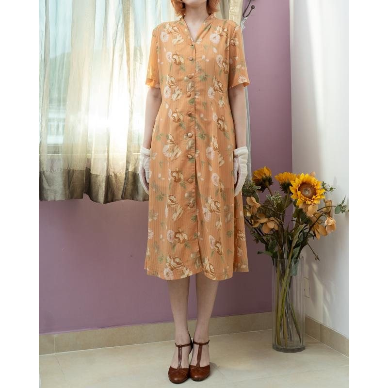 Vintage C.a. 1990s Light Tangerine Floral Pattern Button Up Summer Dress (MT1840-8)