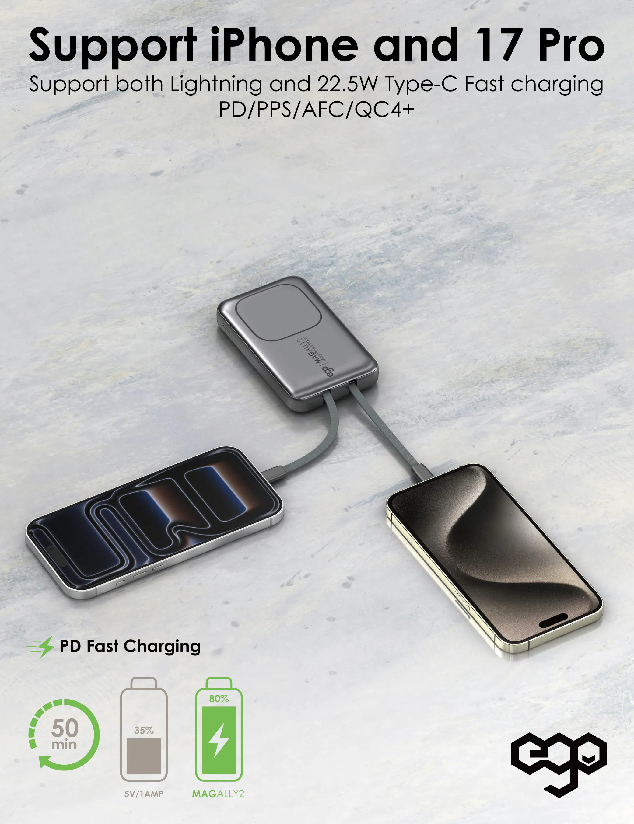 香港行貨 EGO MagAlly2 @10000mAh 內置線外置電 3C可追溯二維碼版 AC-07
