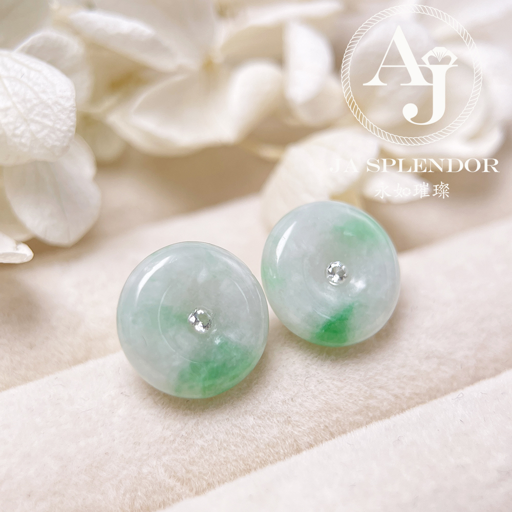 JE-3446/52 天然翡翠A玉 白底青平安扣面純銀耳釘