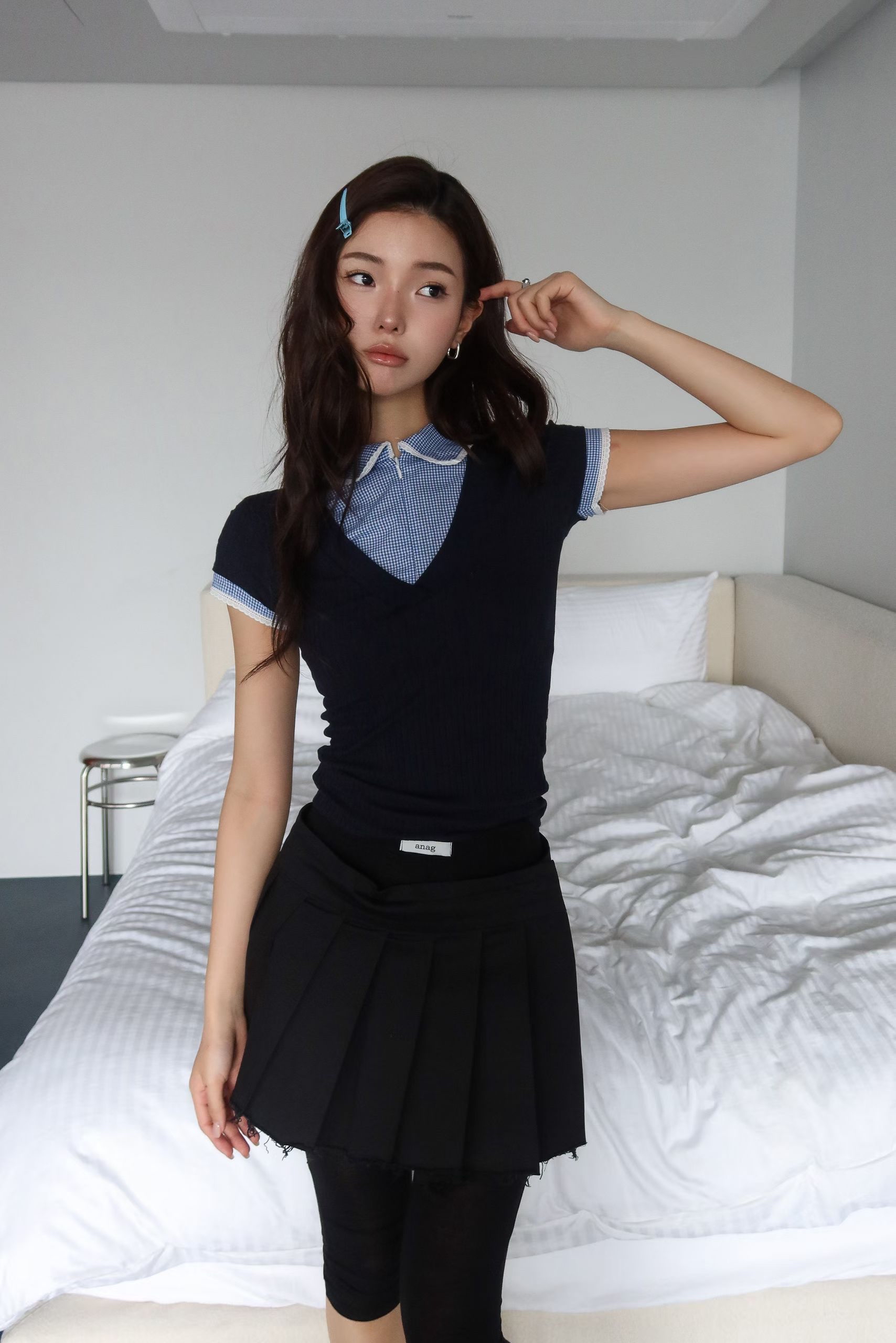 Layered Gingham V-Neck Ribbed Top