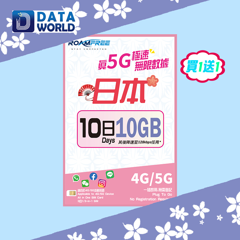 【買1送1優惠】Roamfree X 3HK 4G/5G 日本10日無限數據卡 x2