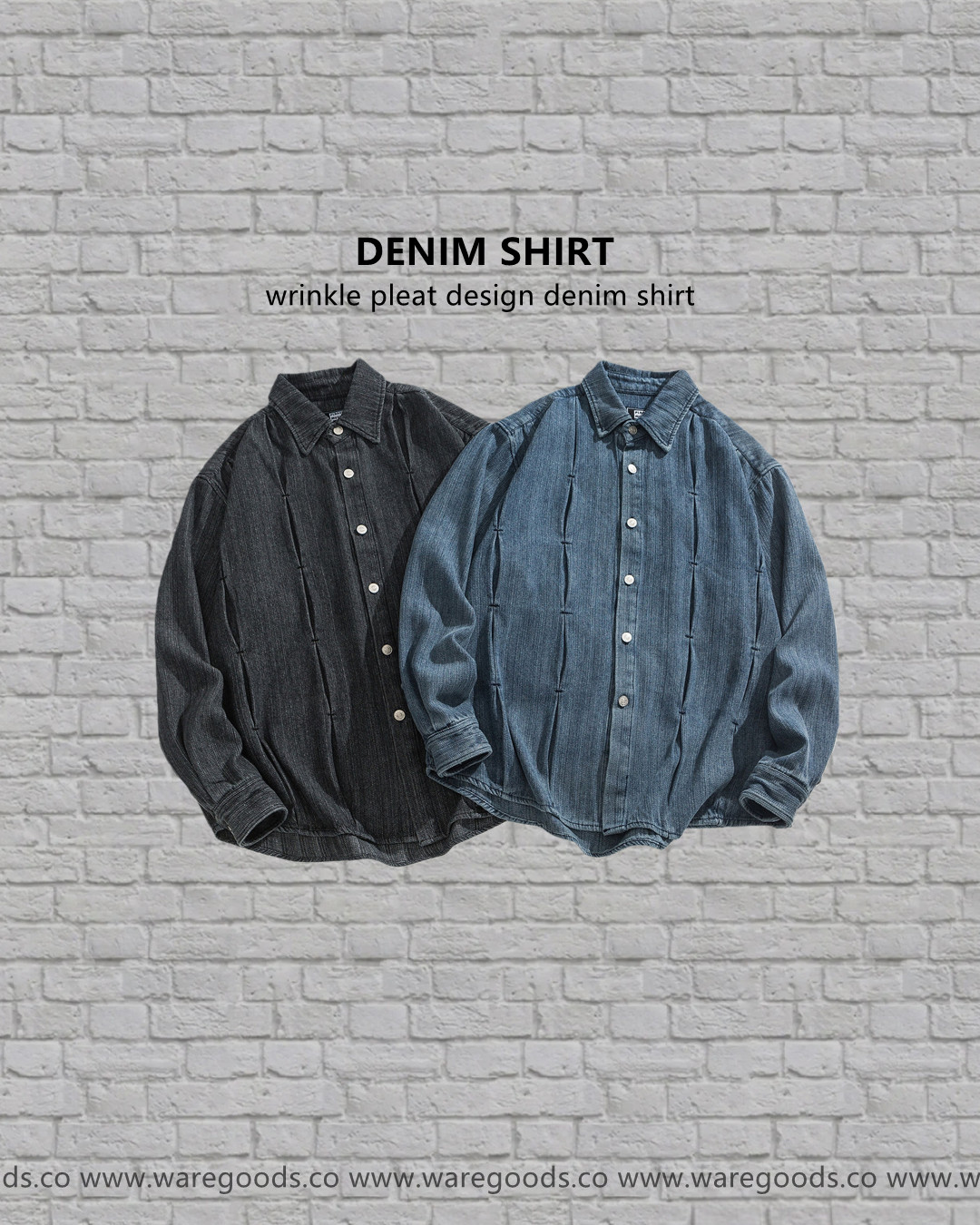 W0315復古打褶設計牛仔恤衫
