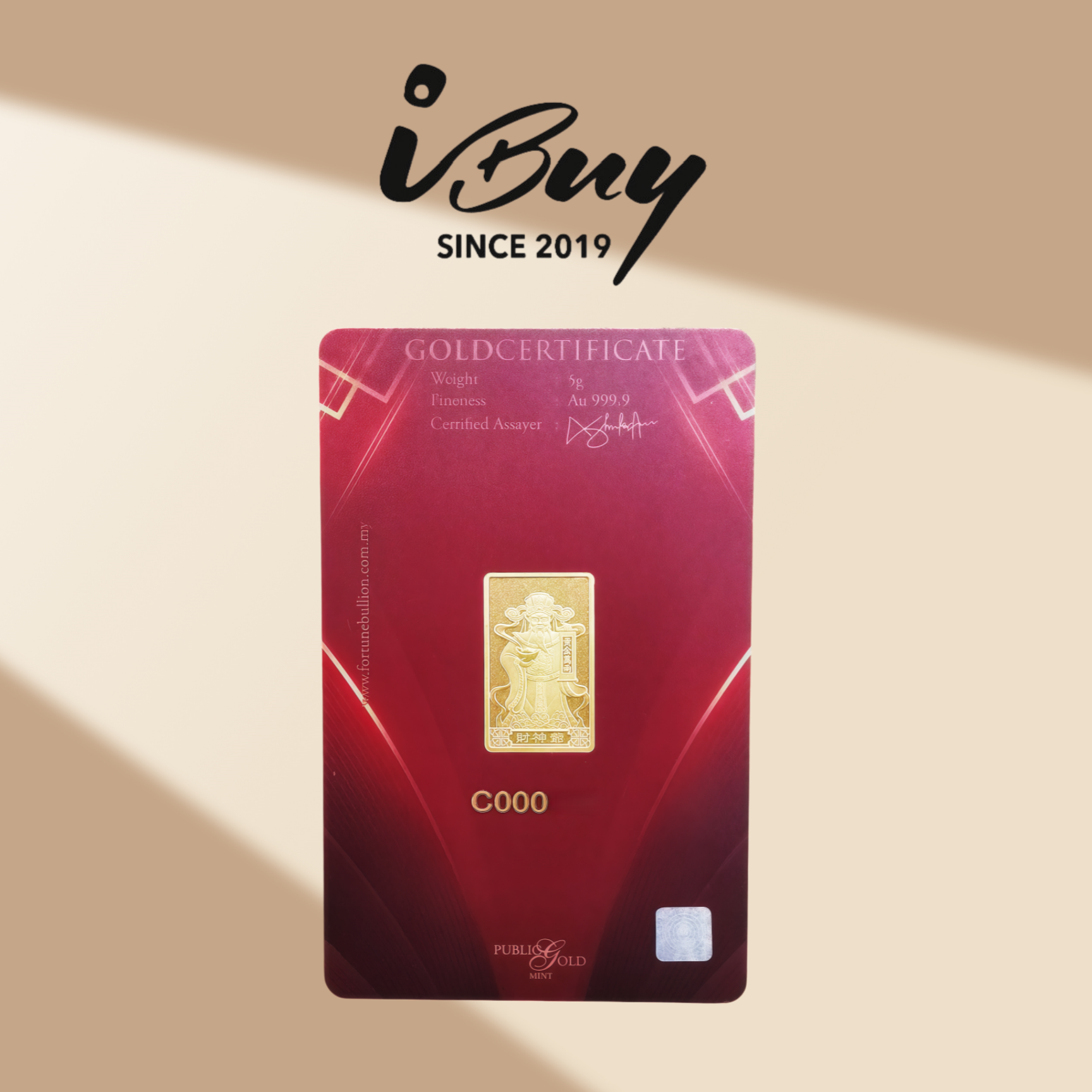 999.9 GOLD 5 GRAM  METTA FORTUNE GOD GOLD BAR 999.9 金 5克财神金片