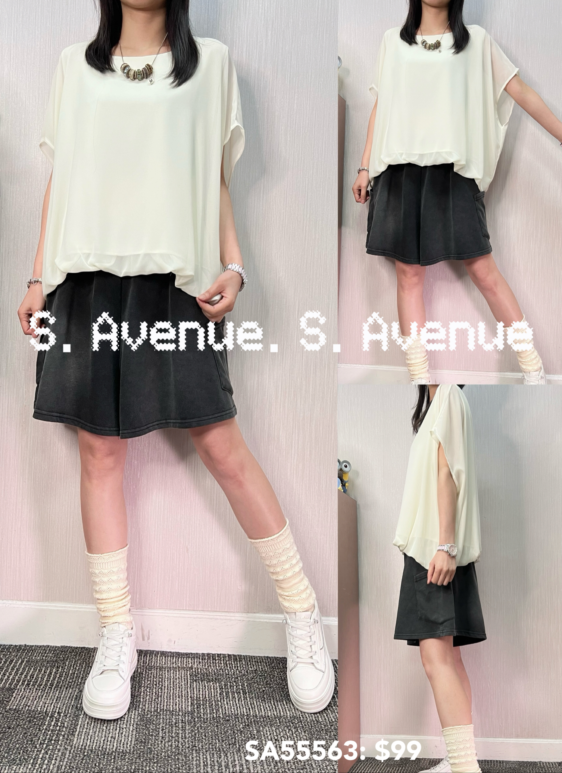 SA55563: 短袖假兩件雪紡蝙蝠top