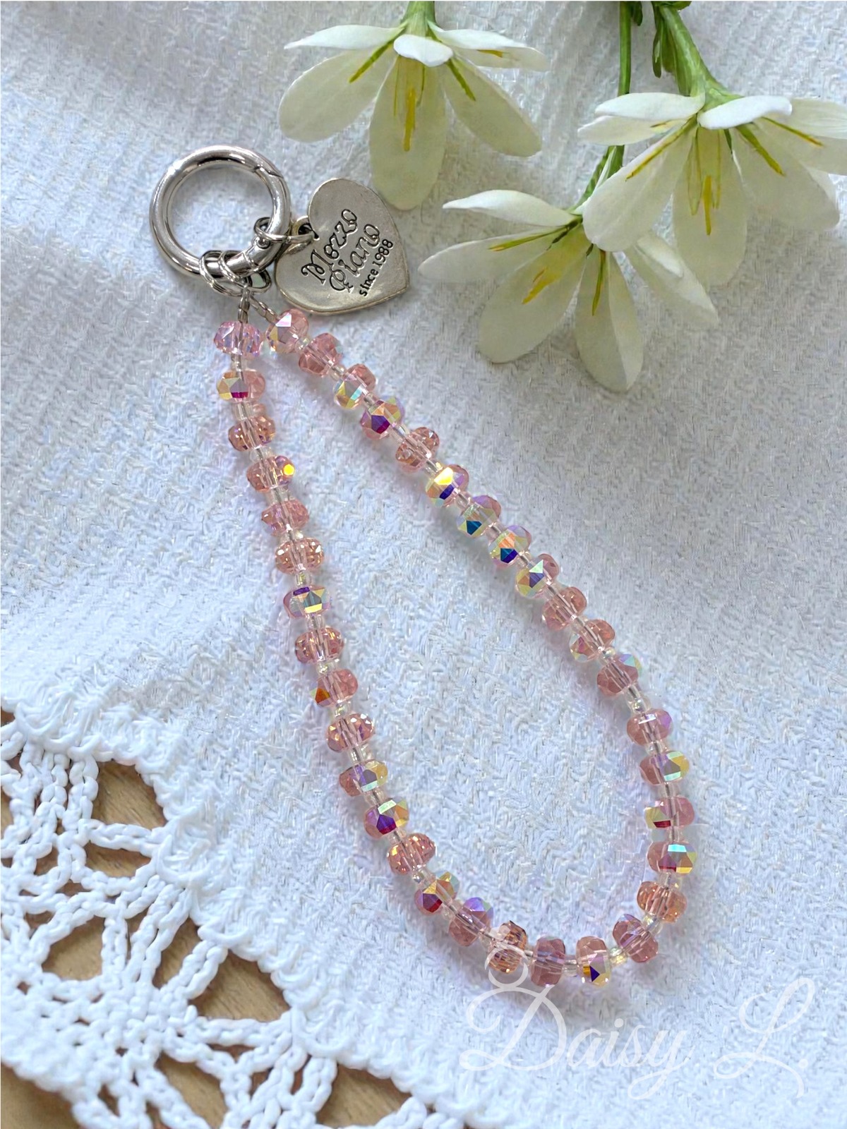 甜美粉色水晶手機掛繩