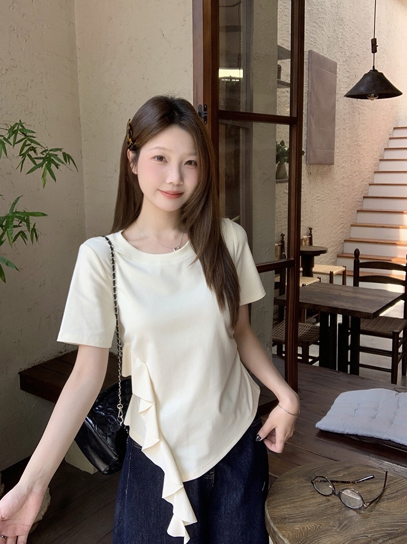 B83(36658) 韩系甜美风圆领短袖腰边荷叶飘带设计感3色上衣