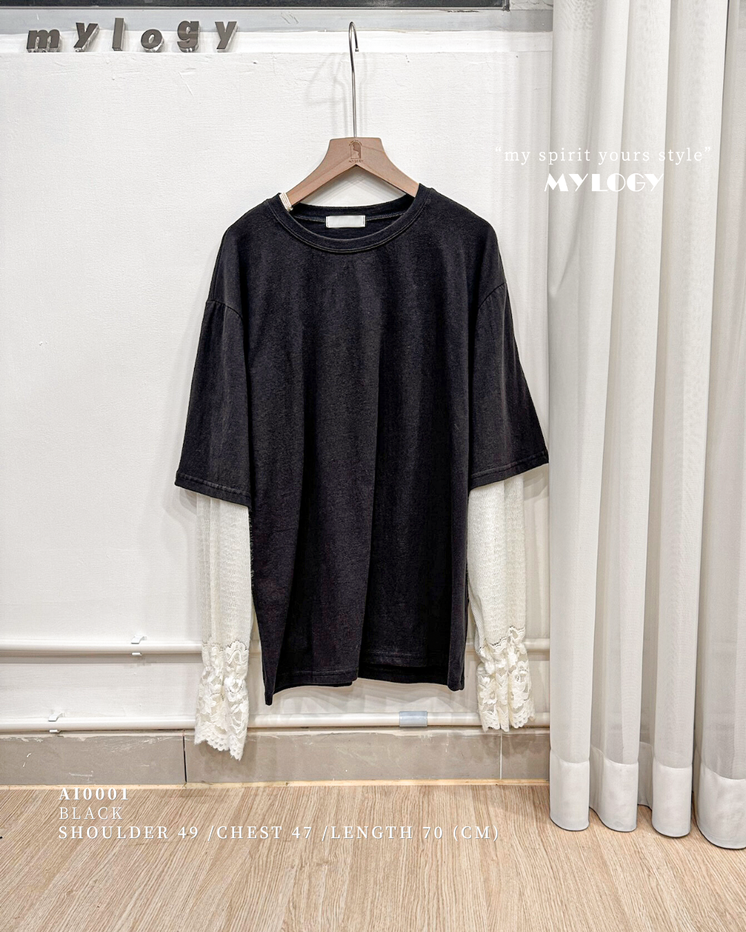 很懶但我很浪漫～假兩件Lace拼接Tee AI0001