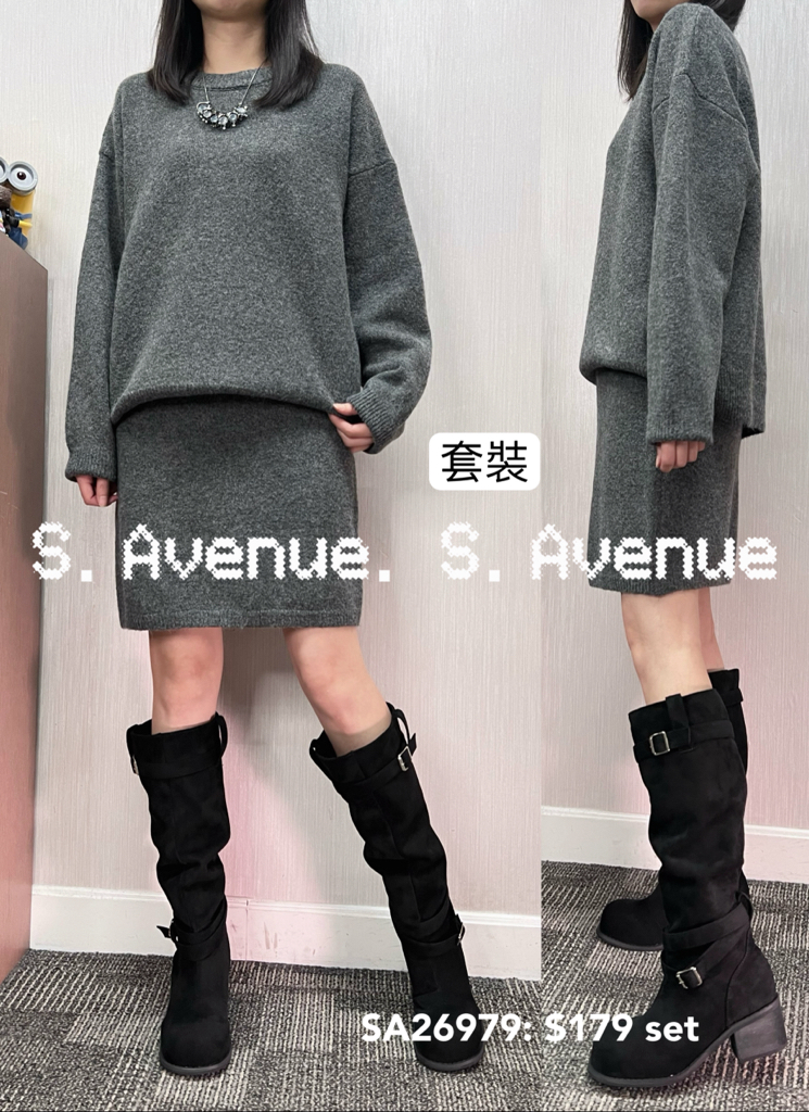 SA26979: 長袖鬆身淨色冷top配直身冷裙套裝