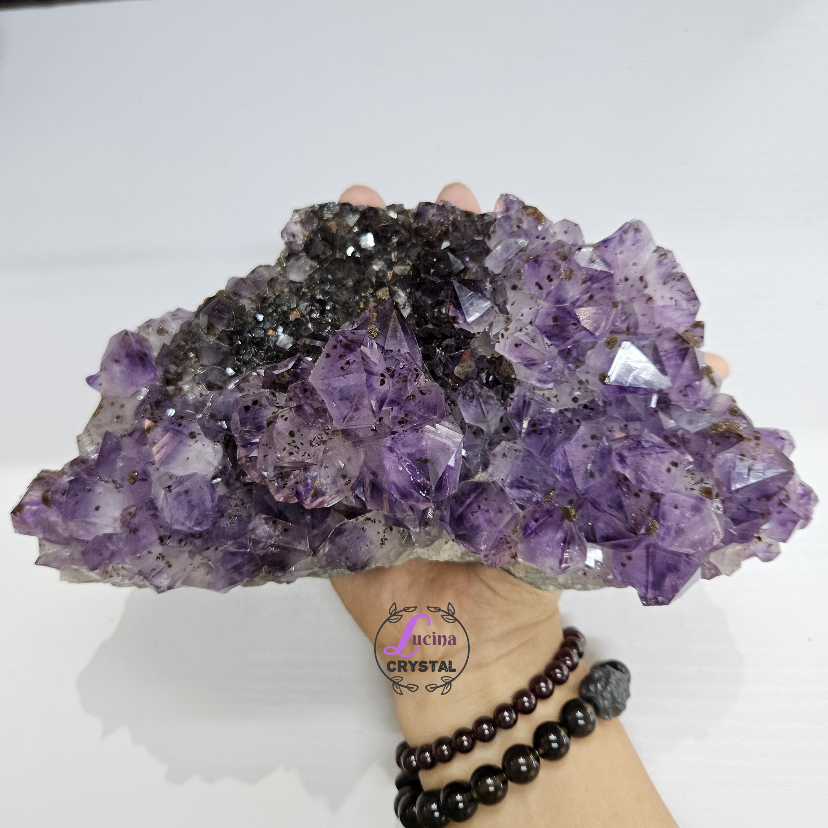 (Co#LC8556)紫鈦骨幹花水晶簇連木座/Elestial Amethyst Rutilated Flower Quartz Cluster w/wooden stand 