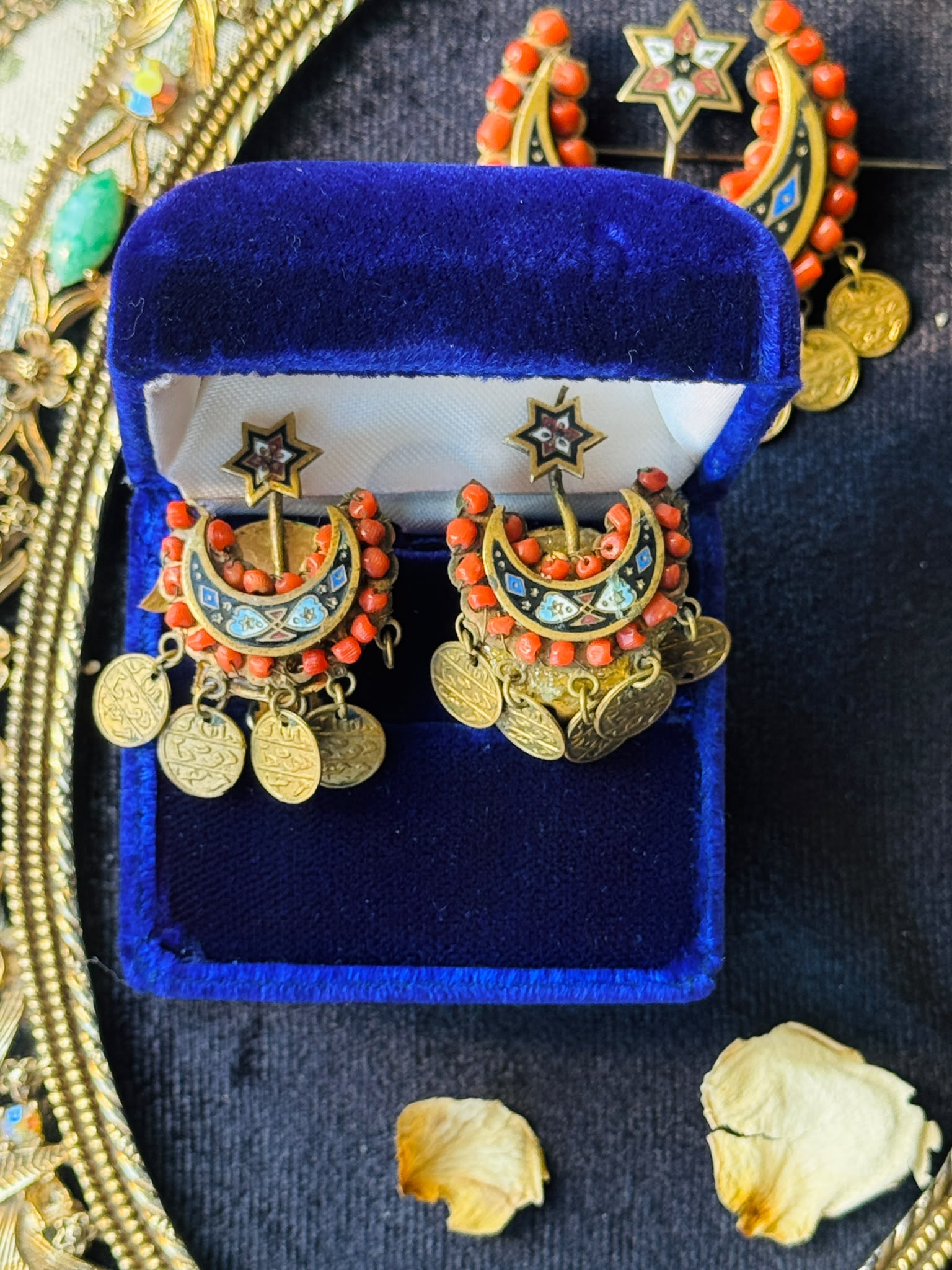 C.a. 1830s–1880s Ottoman Coral & Enamel Crescent Moon and Star Brooch and Earrings Demi-Parure (MT2653)