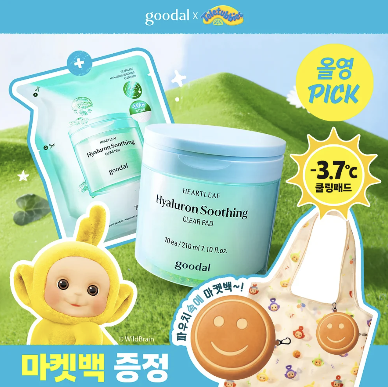 韓國 Goodal  X 天線得得B 魚腥草玻尿酸 降溫爽膚棉片 70入+70入補充裝+送得得B環保袋｜Hyaluron Soothing Clear Pad