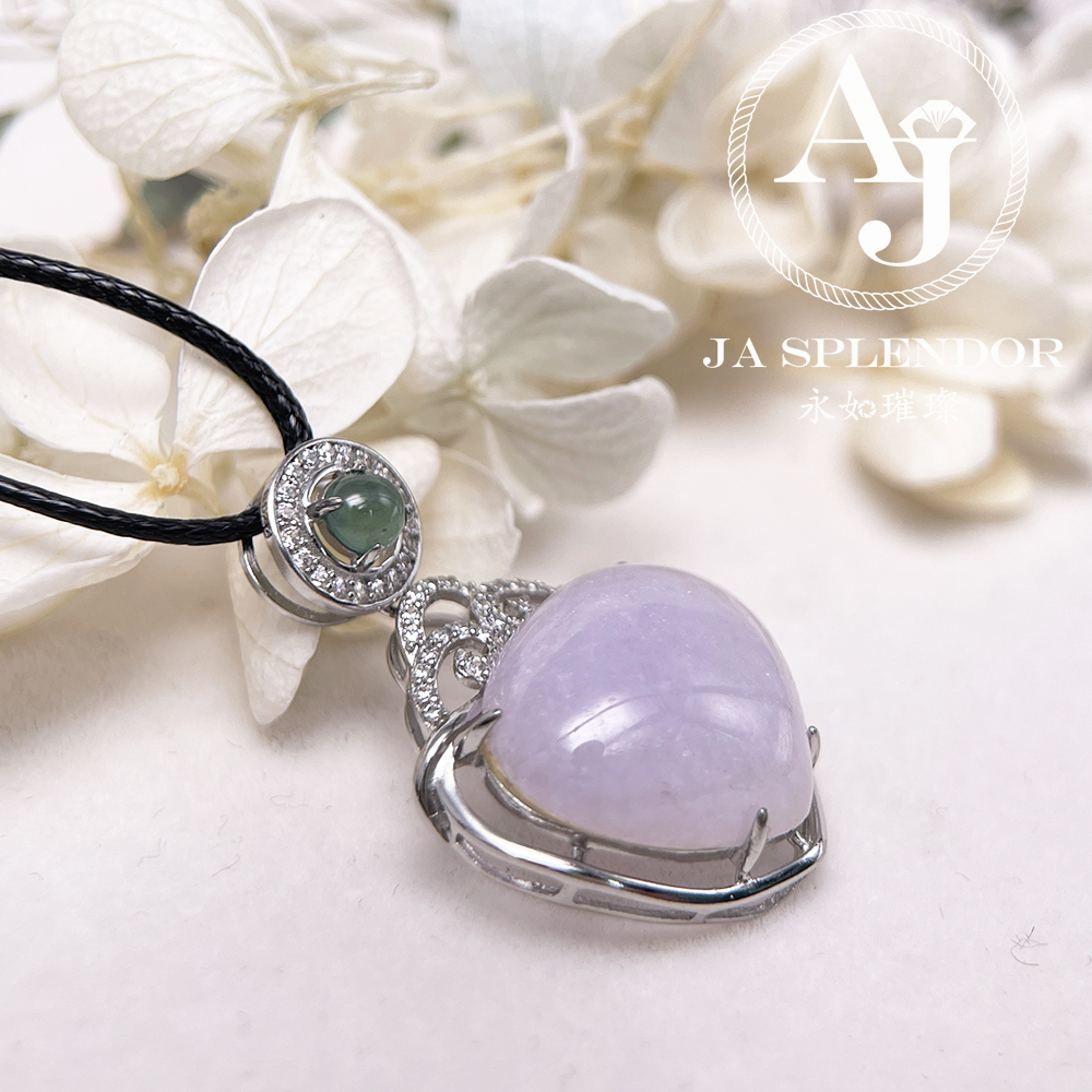 JNS-49 天然翡翠A 冰潤紫羅蘭心心相印綠色頂珠吊墜