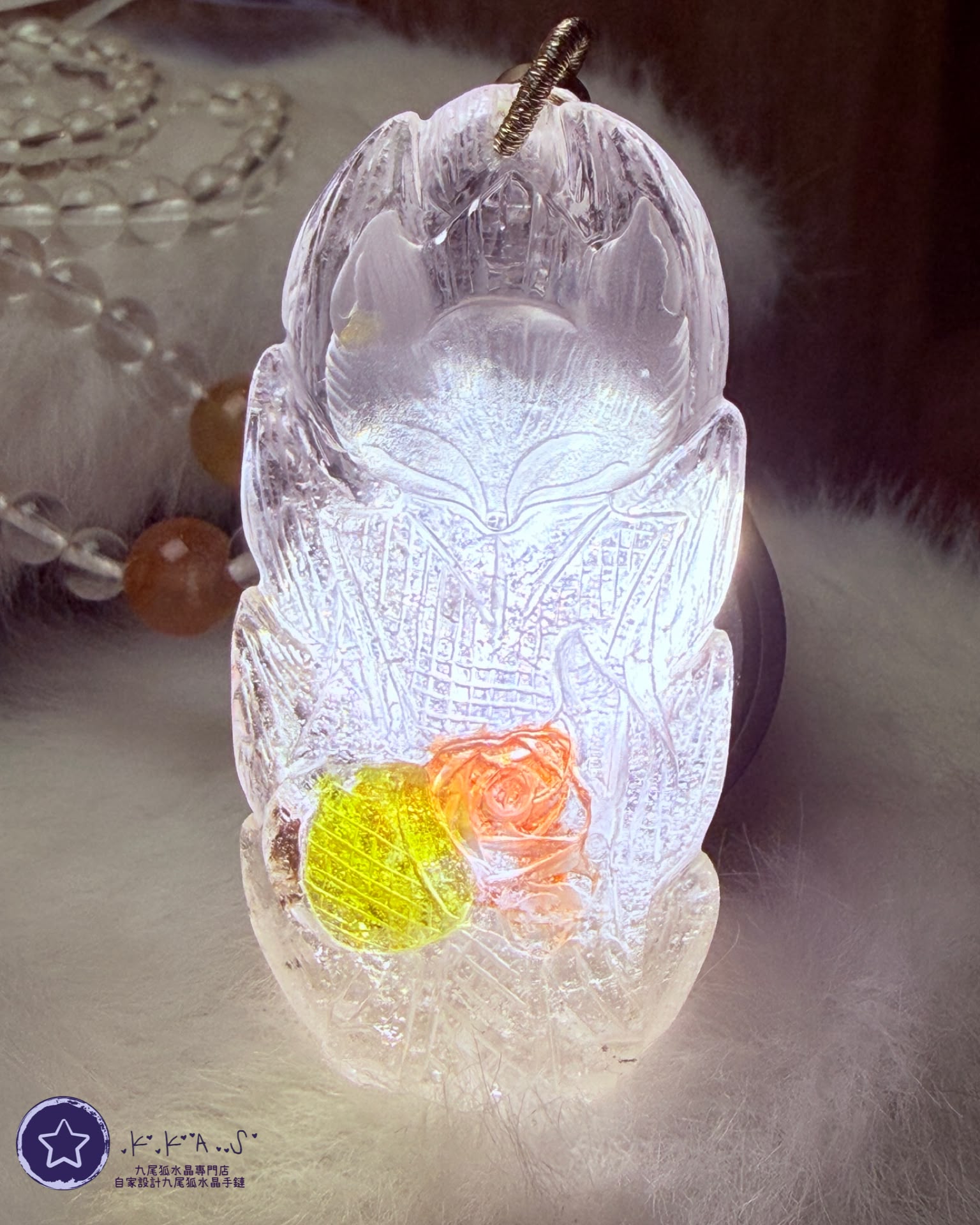 K00327 錦鯉膠花 玫瑰花狐 - 吊墜頸鏈/套鏈