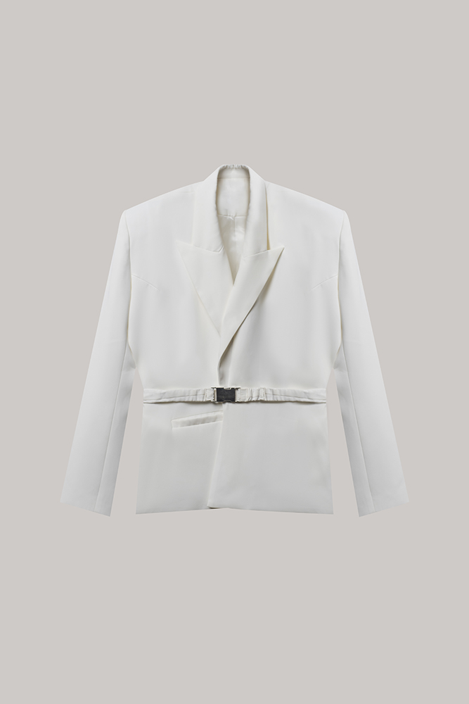 White Tailored Belted Blazer with Sculpted Lapels