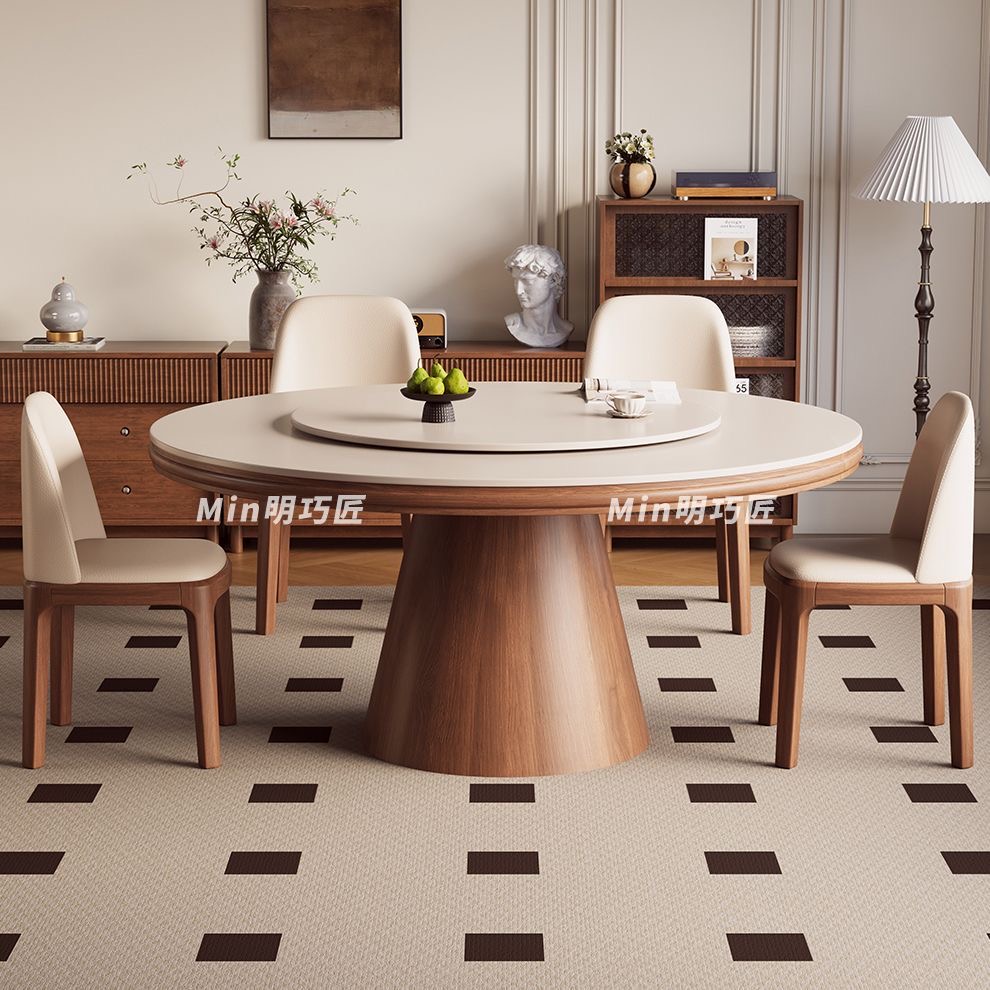 實木圓桶岩板餐檯組合 細單位家用圓餐檯連轉盤連椅 dining table