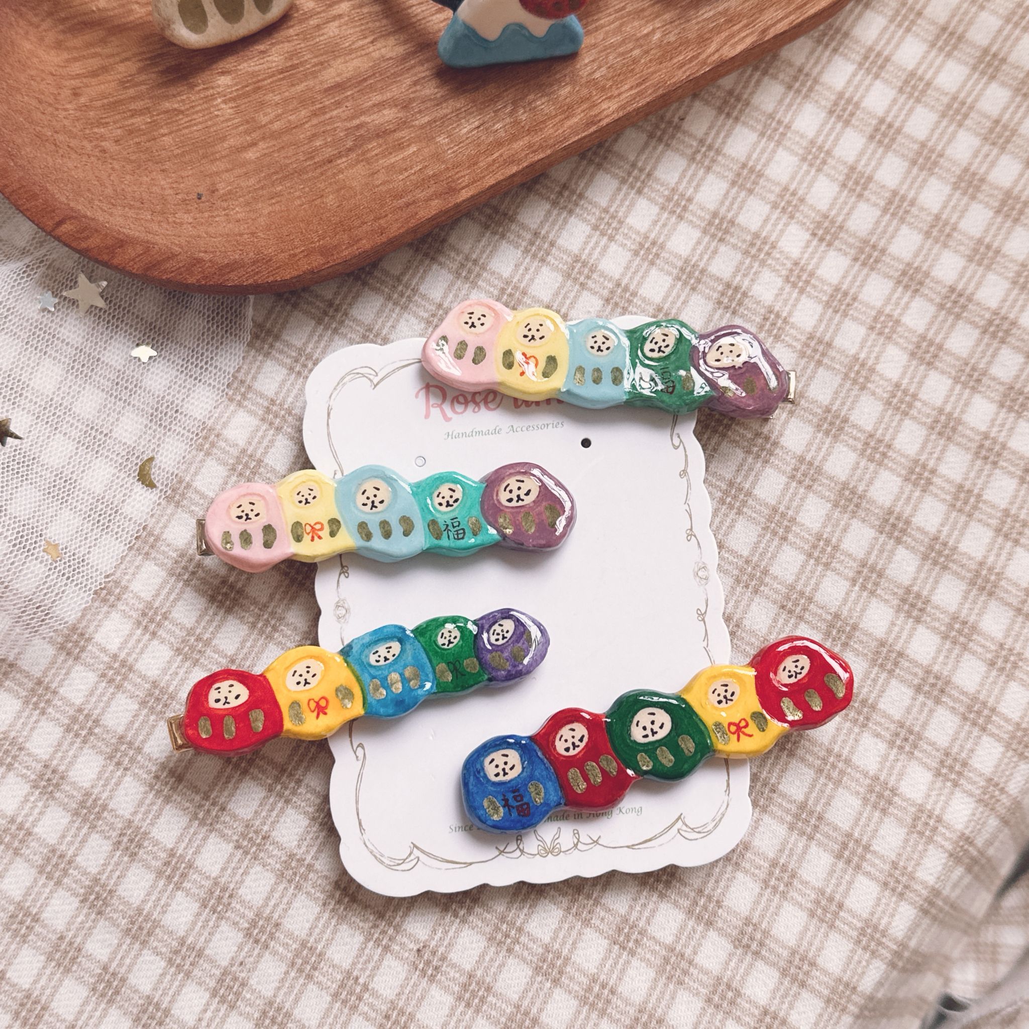 手繪五福達摩髮夾 （新-糖果色）