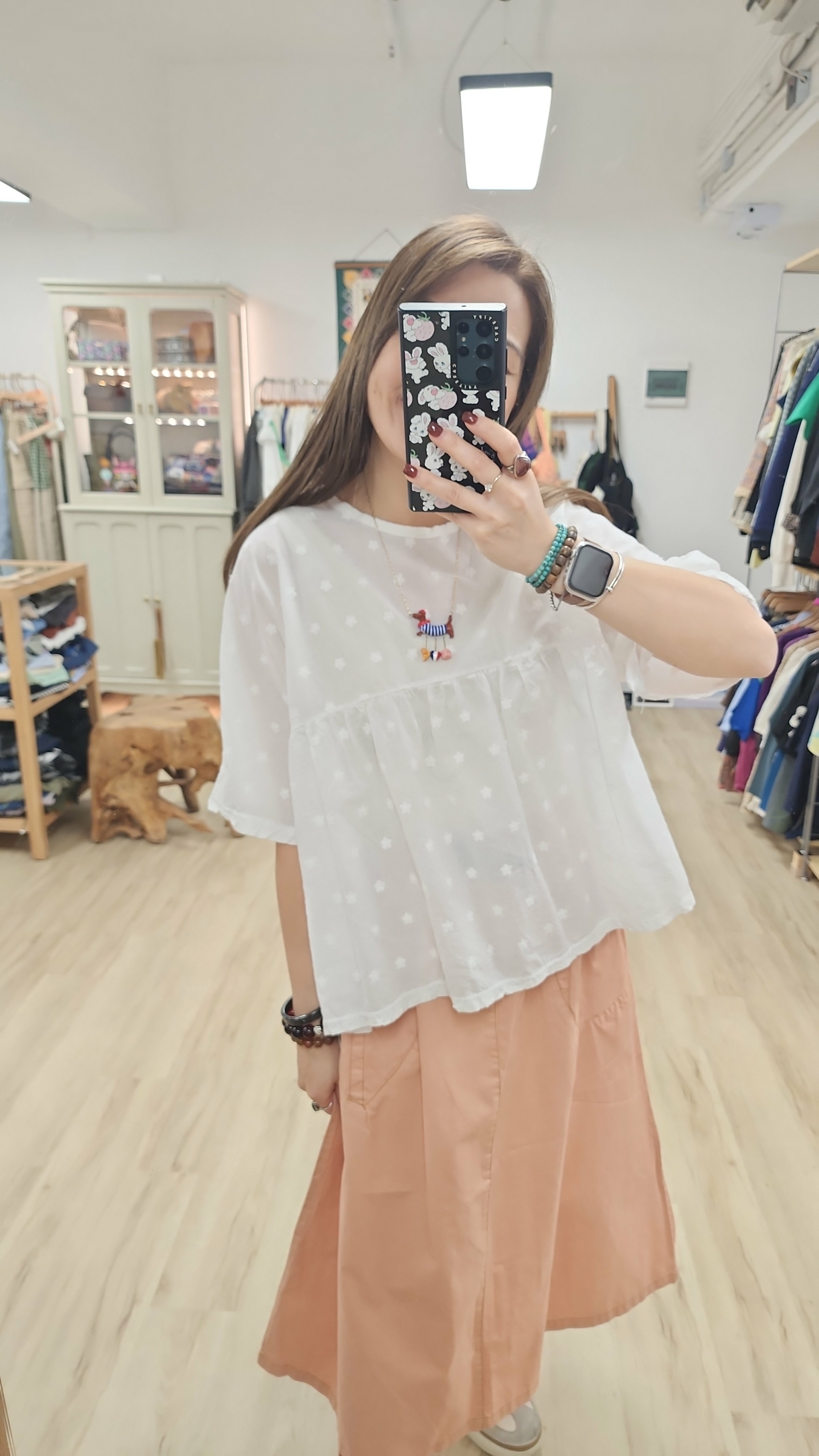 韓國白拼暗花刺繡Ruffle棉麻衫