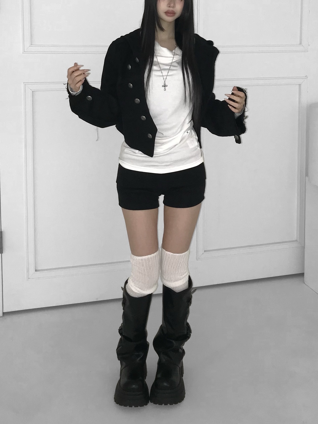 Asymmetric Raw-Edge Hooded Cropped Jacket